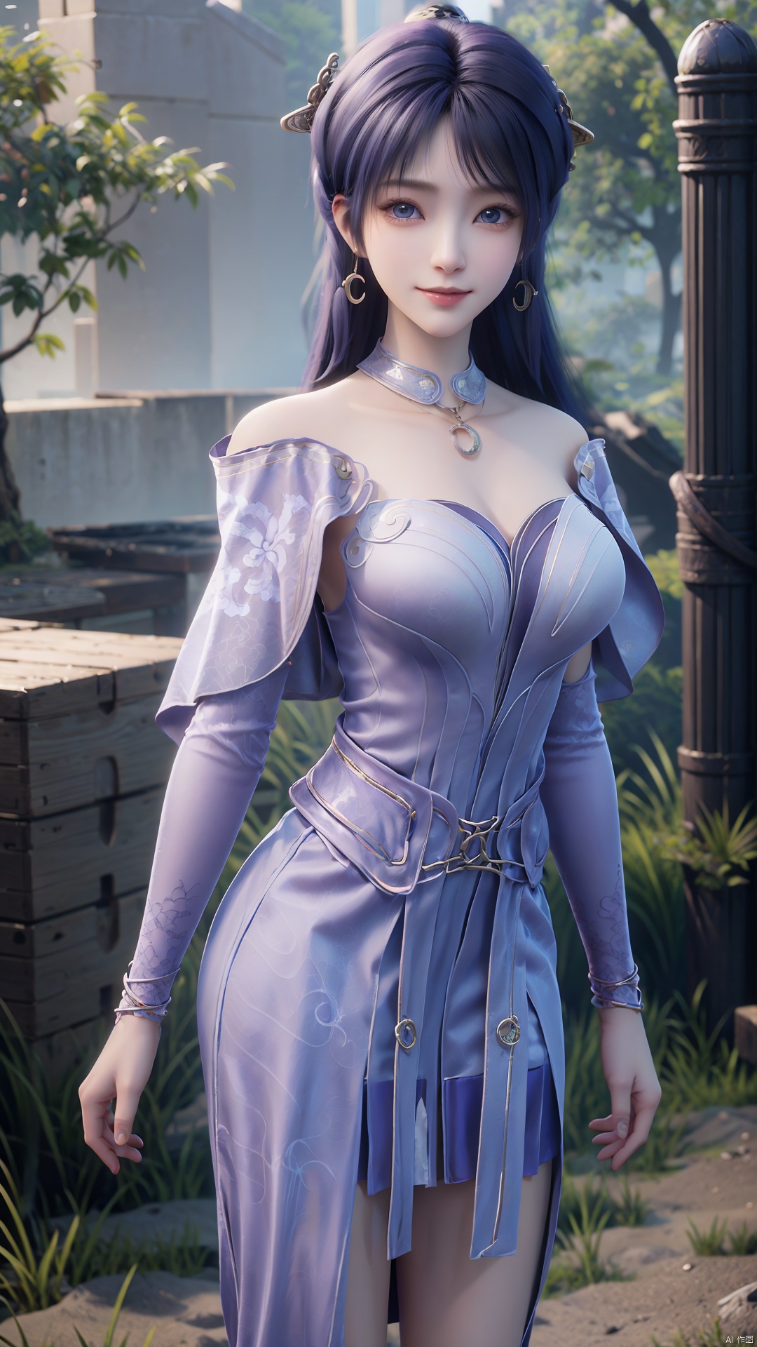  1girl, solo, jewelry, earrings, breasts, necklace, purple hair, dress, realistic, bare shoulders, mischevious smile, perfect body, scenery, sharp focus, best quality, masterpiece, detailed outfit, illustration, perfect eyes, finely detailed beautiful anime eyes, realistic skin, intricate details, best lighting, depth of field, ultra high resolution,cowboy_shot, dynamic pose, dynamic angle,