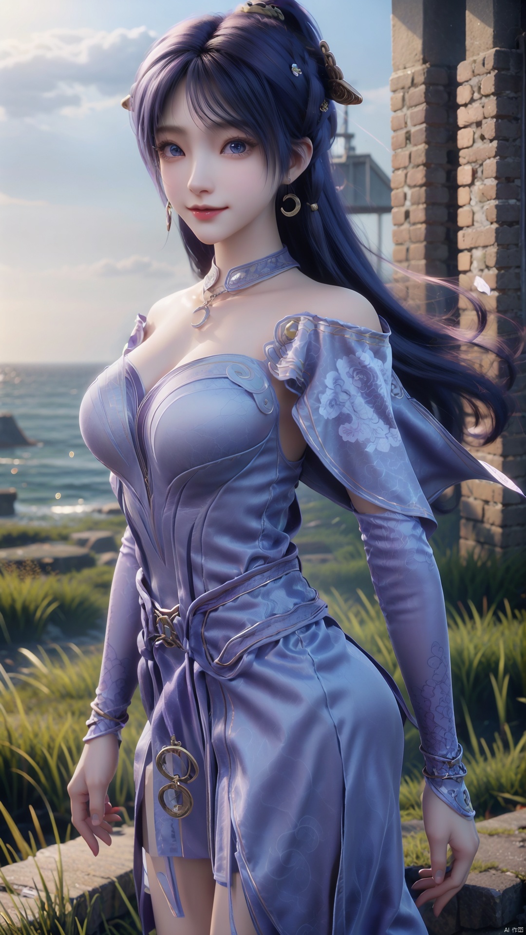  1girl, solo, jewelry, earrings, breasts, necklace, purple hair, dress, realistic, bare shoulders, mischevious smile, perfect body, scenery, sharp focus, best quality, masterpiece, detailed outfit, illustration, perfect eyes, finely detailed beautiful anime eyes, realistic skin, intricate details, best lighting, depth of field, ultra high resolution,cowboy_shot, dynamic pose, dynamic angle,