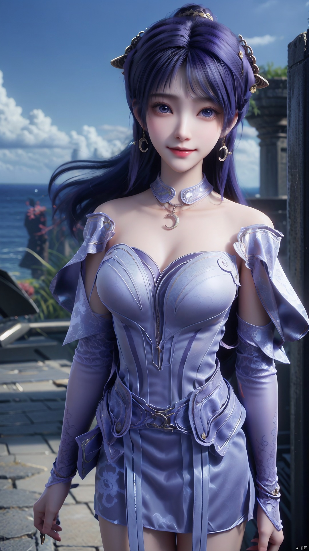  1girl, solo, jewelry, earrings, breasts, necklace, purple hair, dress, realistic, bare shoulders, mischevious smile, perfect body, scenery, sharp focus, best quality, masterpiece, detailed outfit, illustration, perfect eyes, finely detailed beautiful anime eyes, realistic skin, intricate details, best lighting, depth of field, ultra high resolution,cowboy_shot, dynamic pose, dynamic angle,