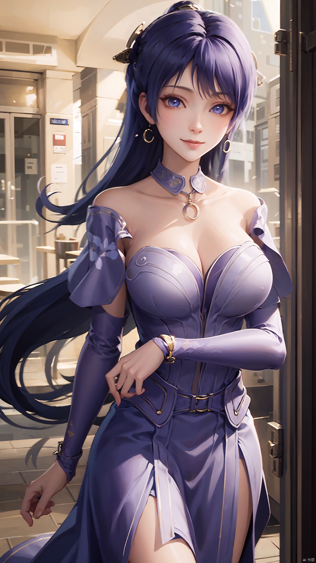  1girl, solo, jewelry, earrings, breasts, necklace, purple hair, dress, realistic, bare shoulders, mischevious smile, perfect body, scenery, sharp focus, best quality, masterpiece, detailed outfit, illustration, perfect eyes, finely detailed beautiful anime eyes, realistic skin, intricate details, best lighting, depth of field, ultra high resolution,cowboy_shot, dynamic pose, dynamic angle,