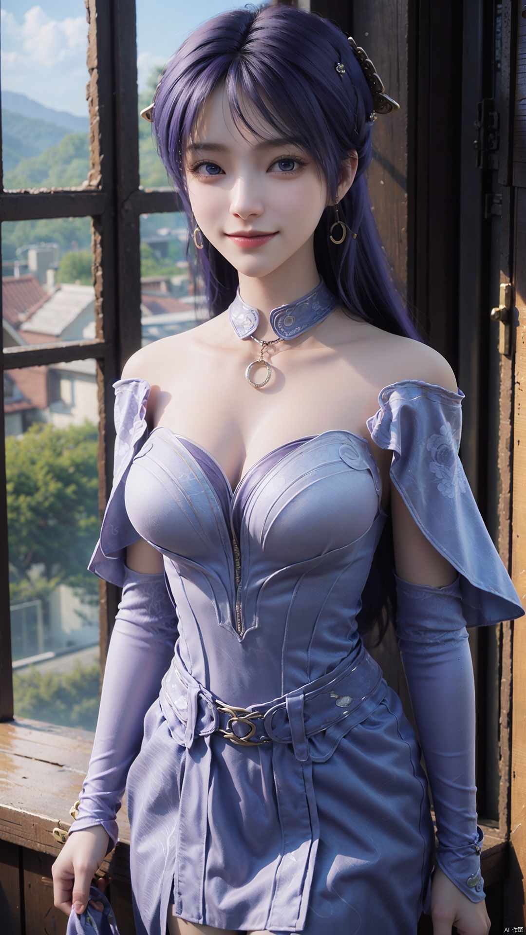  1girl, solo, jewelry, earrings, breasts, necklace, purple hair, dress, realistic, bare shoulders, mischevious smile, perfect body, scenery, sharp focus, best quality, masterpiece, detailed outfit, illustration, perfect eyes, finely detailed beautiful anime eyes, realistic skin, intricate details, best lighting, depth of field, ultra high resolution,cowboy_shot, dynamic pose, dynamic angle,