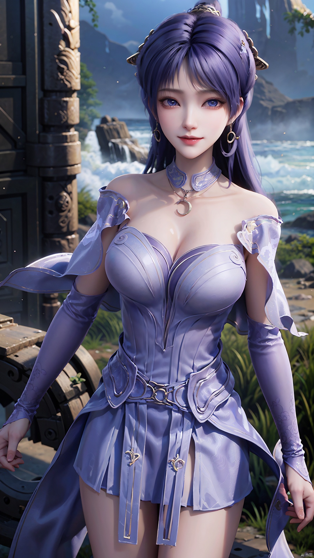  1girl, solo, jewelry, earrings, breasts, necklace, purple hair, dress, realistic, bare shoulders, mischevious smile, perfect body, scenery, sharp focus, best quality, masterpiece, detailed outfit, illustration, perfect eyes, finely detailed beautiful anime eyes, realistic skin, intricate details, best lighting, depth of field, ultra high resolution,cowboy_shot, dynamic pose, dynamic angle,