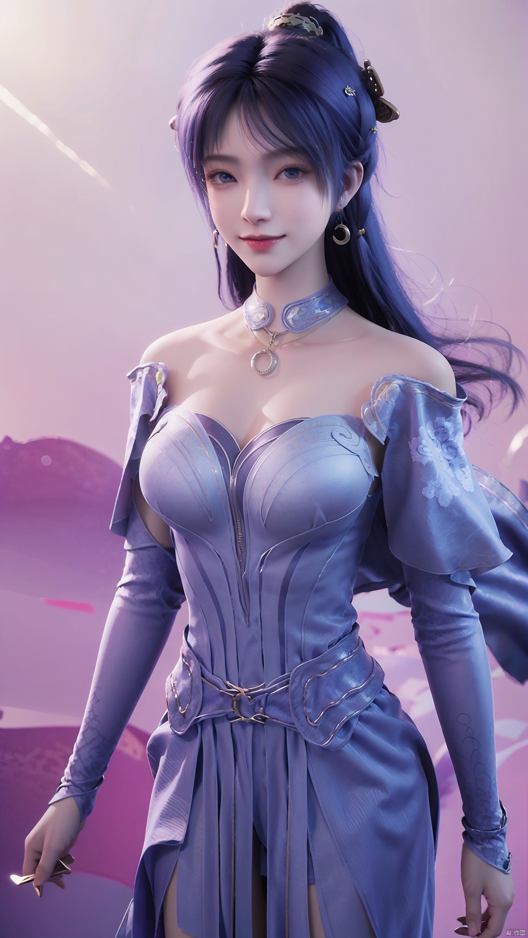  1girl, solo, jewelry, earrings, breasts, necklace, purple hair, dress, realistic, bare shoulders, mischevious smile, perfect body, scenery, sharp focus, best quality, masterpiece, detailed outfit, illustration, perfect eyes, finely detailed beautiful anime eyes, realistic skin, intricate details, best lighting, depth of field, ultra high resolution,cowboy_shot, dynamic pose, dynamic angle,