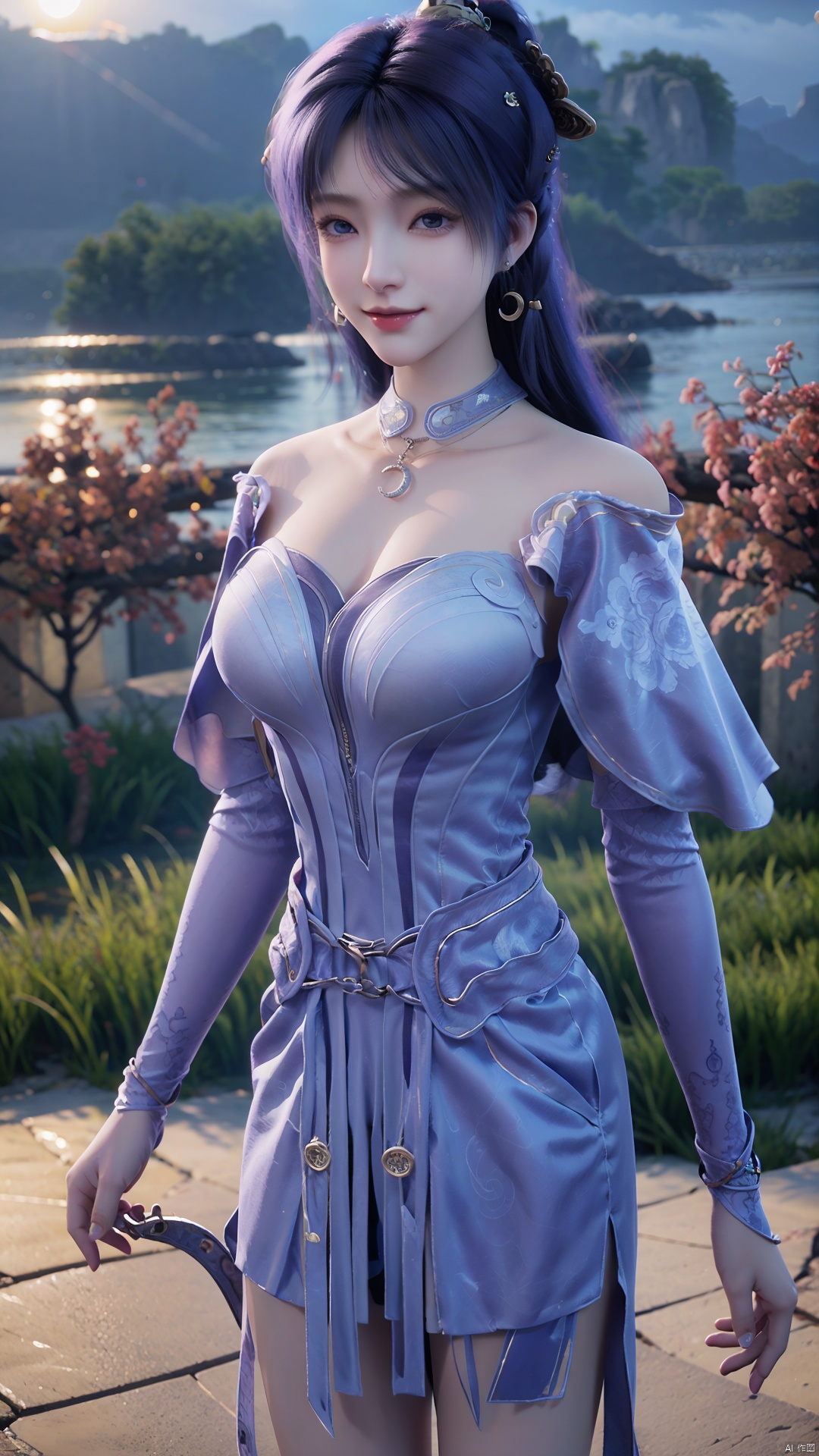  1girl, solo, jewelry, earrings, breasts, necklace, purple hair, dress, realistic, bare shoulders, mischevious smile, perfect body, scenery, sharp focus, best quality, masterpiece, detailed outfit, illustration, perfect eyes, finely detailed beautiful anime eyes, realistic skin, intricate details, best lighting, depth of field, ultra high resolution,cowboy_shot, dynamic pose, dynamic angle,