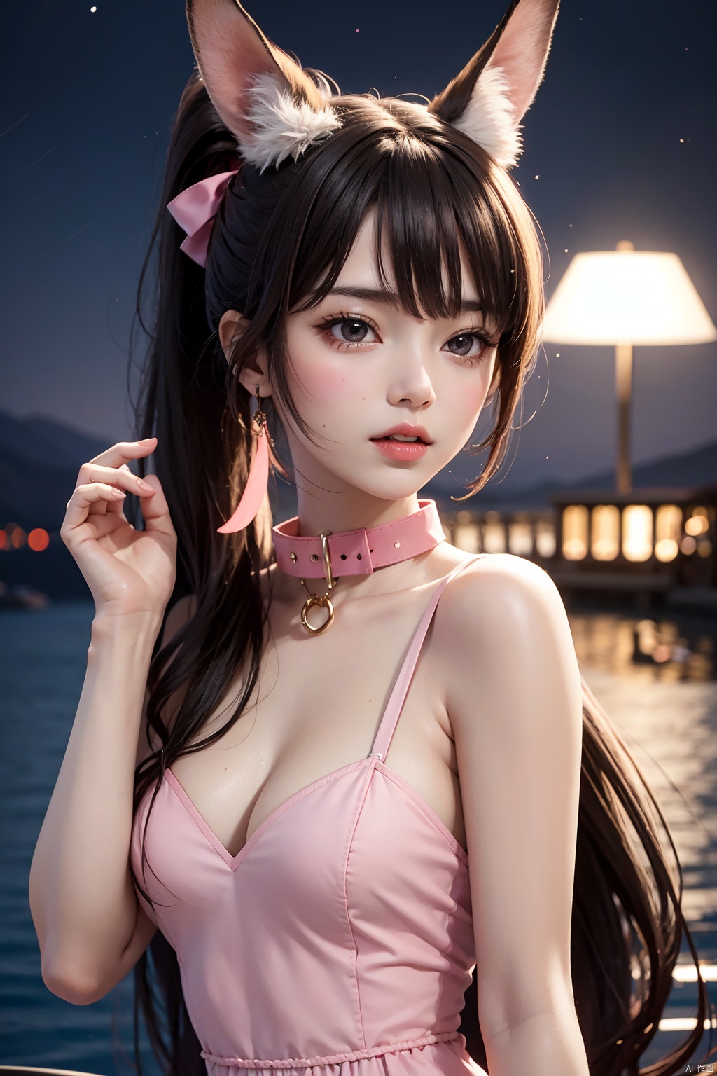 1girl, solo, long hair, brown hair, dress, animal ears, very long hair, upper body, ponytail, water, rabbit ears, collar, night, pink dress, mountain, dark, metal collar, Xiao Wu