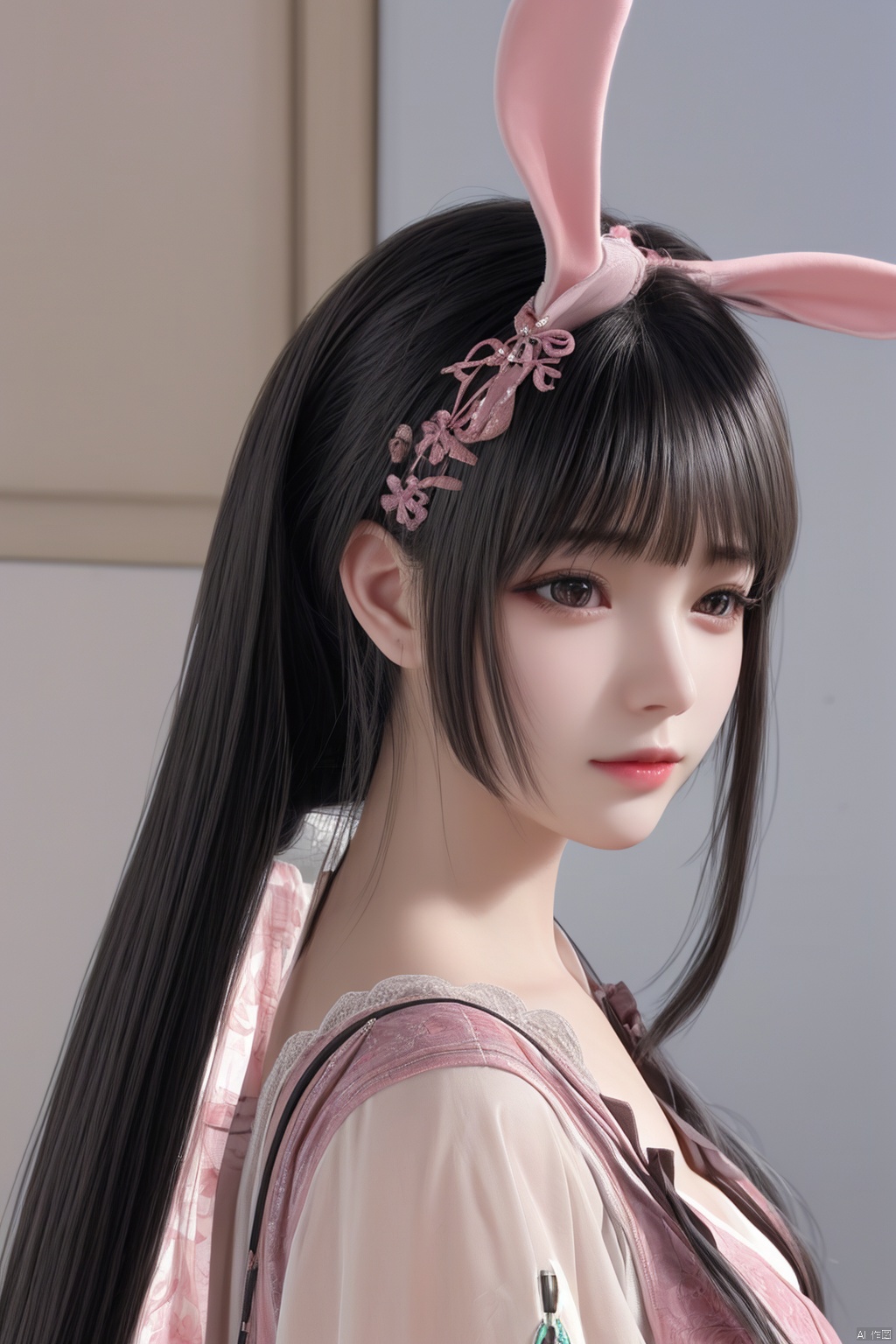 1girl, solo, long hair, looking at viewer, brown hair, hair ornament, dress, animal ears, upper body, ponytail, rabbit ears, from side, pink dress, Xiao Wu