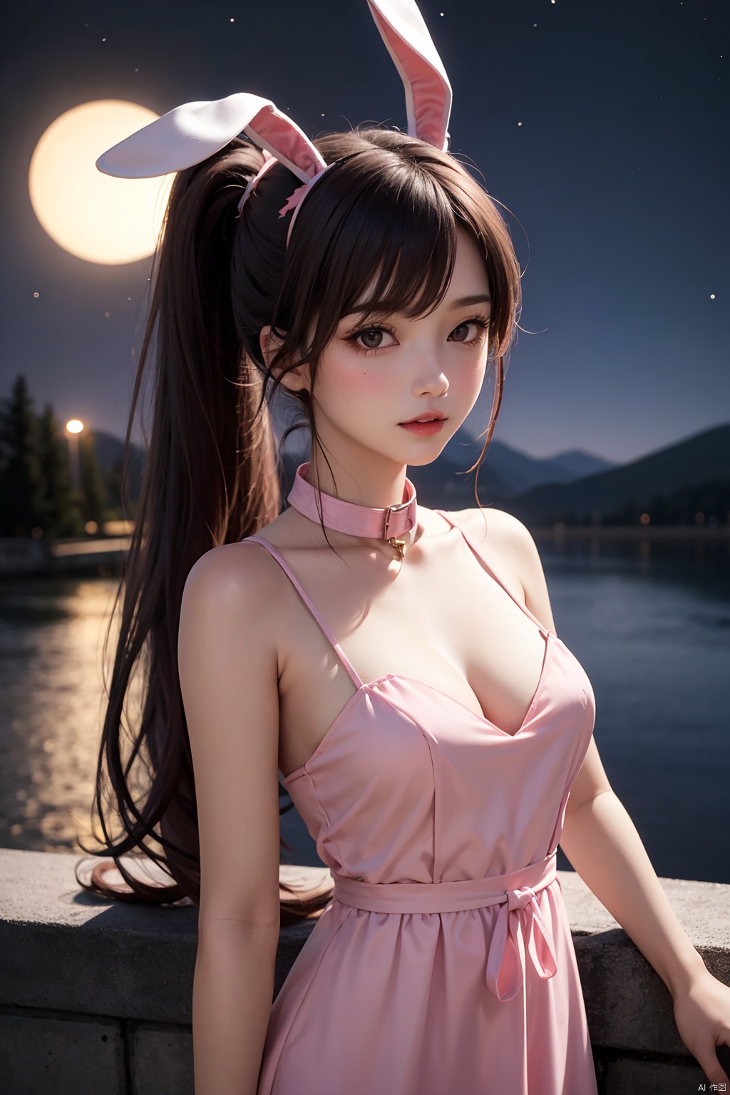 1girl, solo, long hair, brown hair, dress, animal ears, very long hair, upper body, ponytail, water, rabbit ears, collar, night, pink dress, mountain, dark, metal collar, Xiao Wu,