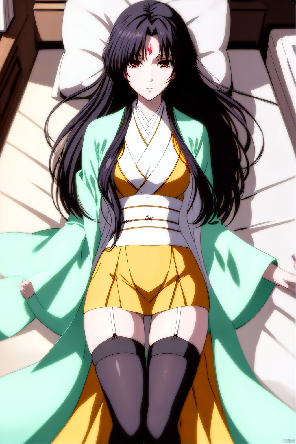 1girl, solo, long hair, looking at viewer, skirt, black hair, thighhighs, long sleeves, holding, brown eyes, lying, japanese clothes, on back, pillow, bed, on bed, ass visible through thighs, garter straps, facial mark, forehead mark