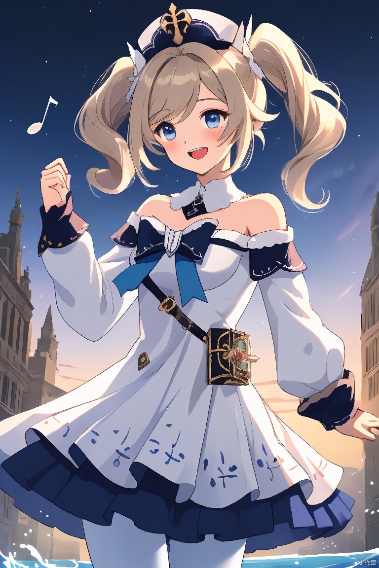 barbara, barbara \(genshin impact\), 1girl, solo, dress, blue eyes, smile, white dress, twintails, long sleeves, open mouth, detached sleeves, bangs, :d, musical note, looking at viewer, hair between eyes, bare shoulders, outstretched arm, white pantyhose, vision \(genshin impact\), hat, outdoors, strapless dress, pantyhose, white headwear, blonde hair, breasts, bow, blush, long hair, strapless, building, treble clef, white sleeves, book, eighth note, sky, small breasts, hand up, detached collar, water, night, latin cross