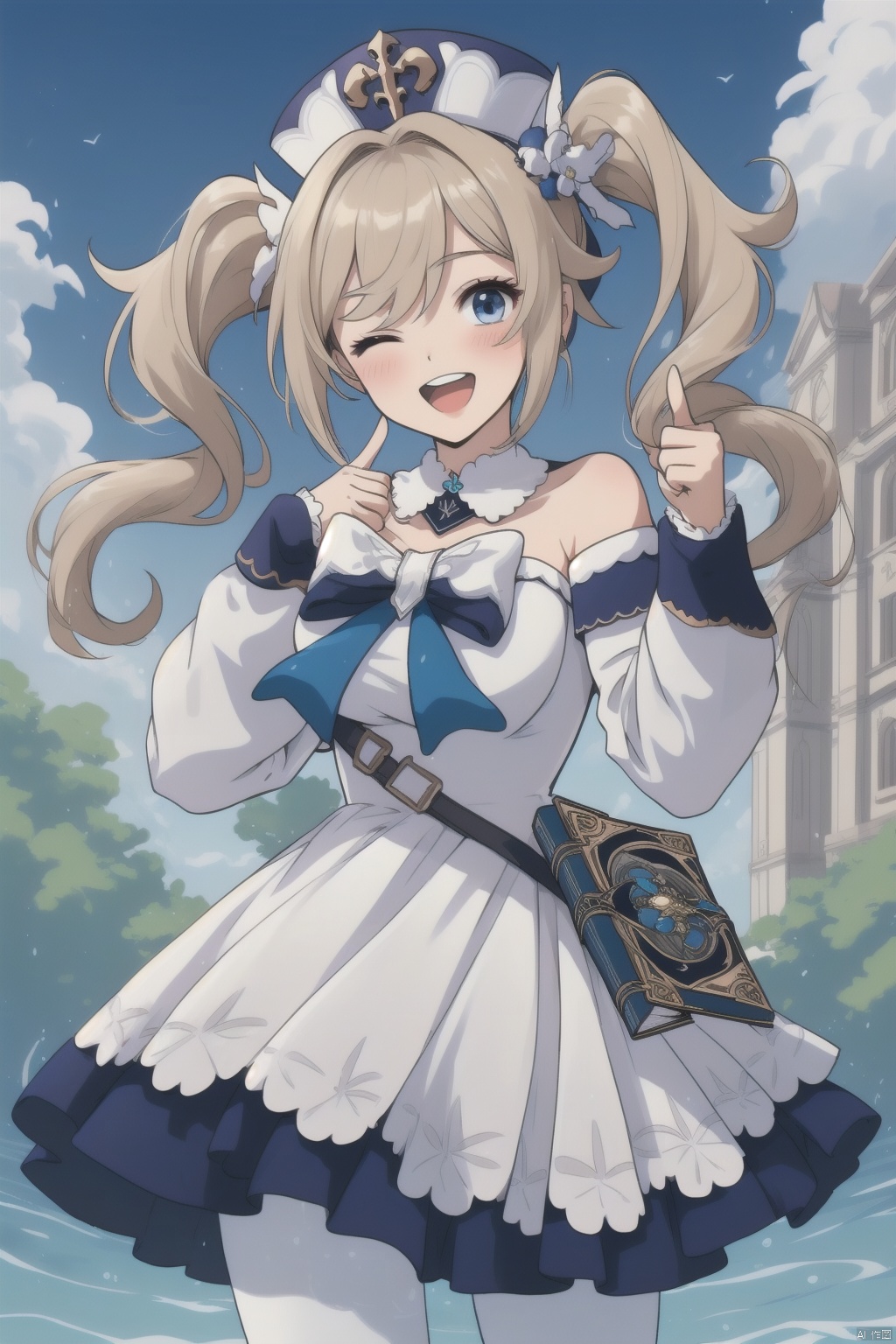 barbara, 1girl, barbara \(genshin impact\), dress, solo, one eye closed, blue eyes, smile, twintails, water, pantyhose, white dress, white pantyhose, open mouth, ;d, looking at viewer, drill hair, book, blonde hair, vision \(genshin impact\), detached sleeves, blush, twin drills, bare shoulders, breasts, hat, long hair, long sleeves, index finger raised, detached collar, white headwear, cross, heart, bangs, cowboy shot, bow, hair ornament, latin cross, building, strapless dress