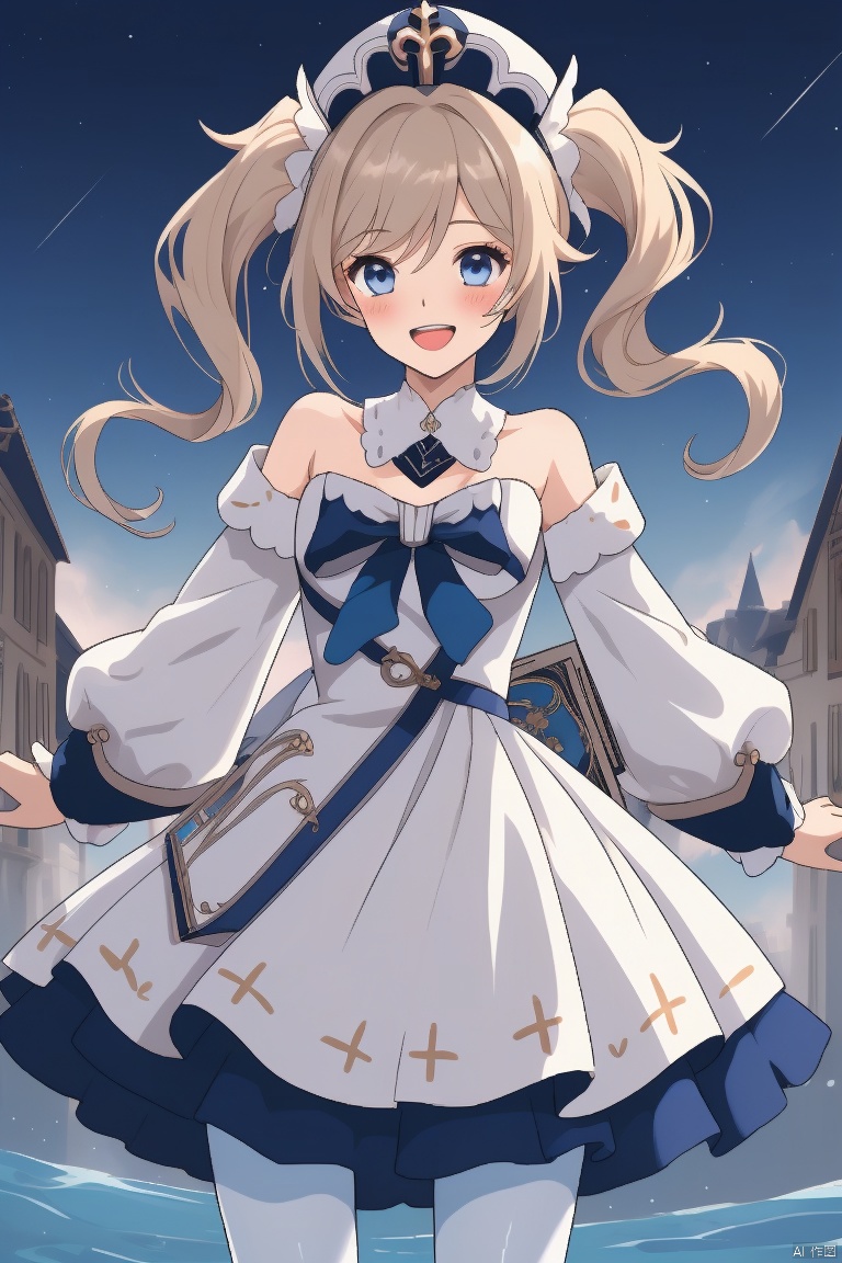 barbara, barbara \(genshin impact\), 1girl, solo, dress, blue eyes, smile, white dress, twintails, long sleeves, open mouth, detached sleeves, bangs, :d, musical note, looking at viewer, hair between eyes, bare shoulders, outstretched arm, white pantyhose, vision \(genshin impact\), hat, outdoors, strapless dress, pantyhose, white headwear, blonde hair, breasts, bow, blush, long hair, strapless, building, treble clef, white sleeves, book, eighth note, sky, small breasts, hand up, detached collar, water, night, latin cross