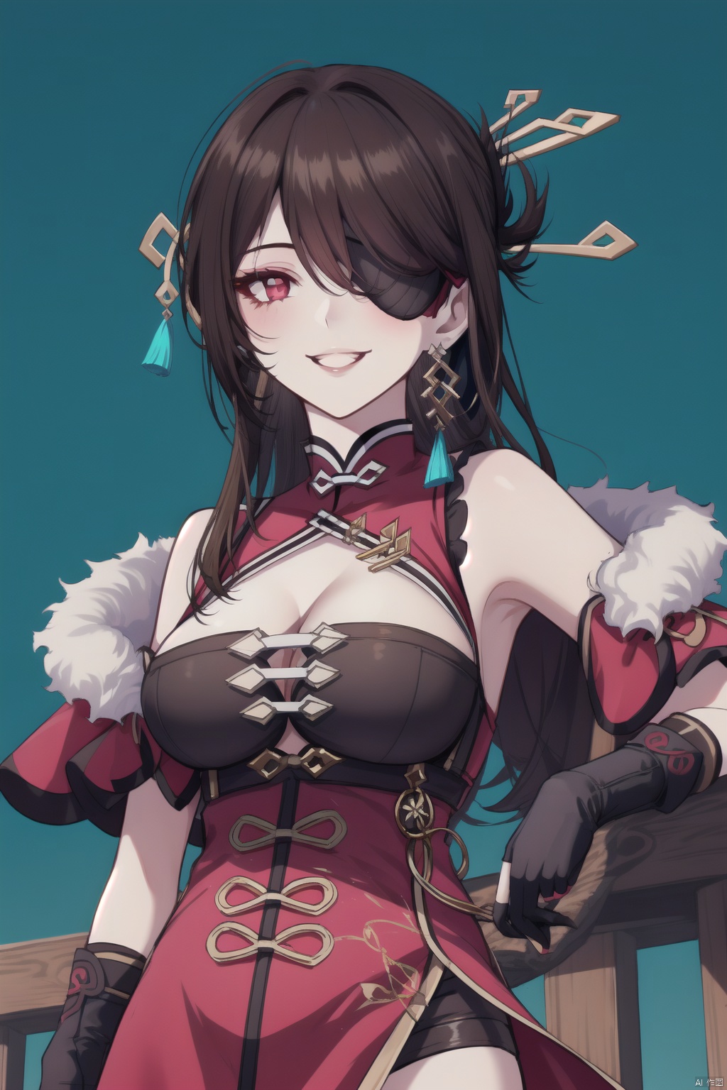  beidou, 1girl, beidou \(genshin impact\), eyepatch, solo, breasts, long hair, gloves, red eyes, smile, hair ornament, brown hair, fingerless gloves, cleavage, looking at viewer, hairpin, black gloves, red dress, one eye covered, fur trim, dress, red capelet, grin, clothing cutout, hair stick, capelet, cleavage cutout, hair over one eye, sky, earrings, bare shoulders, jewelry, large breasts, elbow gloves, bangs