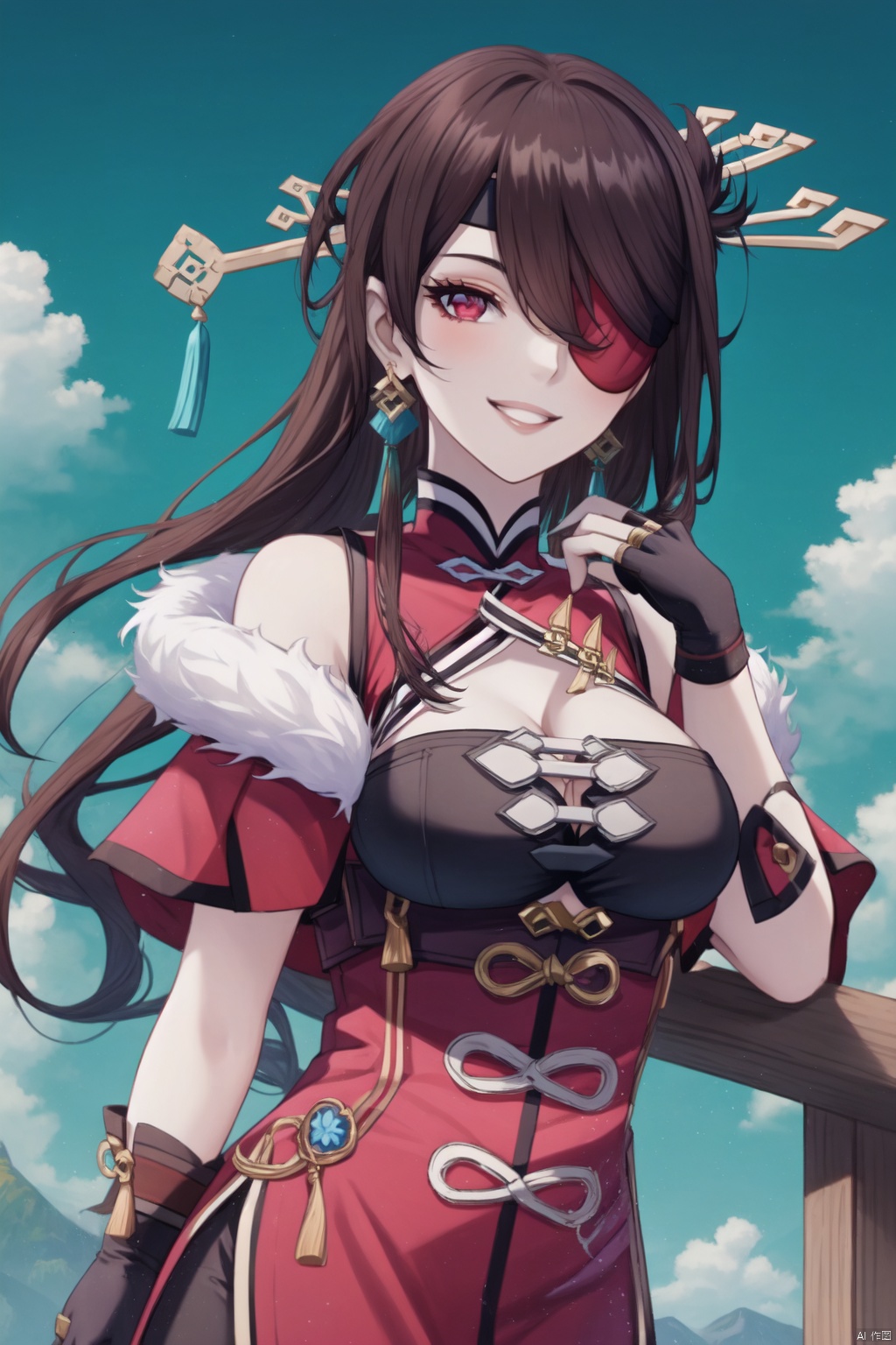 beidou, 1girl, beidou \(genshin impact\), eyepatch, solo, breasts, long hair, gloves, red eyes, smile, hair ornament, brown hair, fingerless gloves, cleavage, looking at viewer, hairpin, black gloves, red dress, one eye covered, fur trim, dress, red capelet, grin, clothing cutout, hair stick, capelet, cleavage cutout, hair over one eye, sky, earrings, bare shoulders, jewelry, large breasts, elbow gloves, bangs