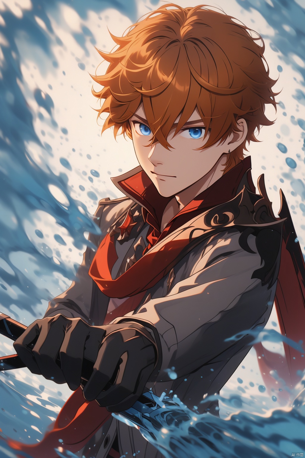 tartaglia, 1boy, tartaglia \(genshin impact\), male focus, gloves, blue eyes, solo, water, hair between eyes, black gloves, orange hair, bangs, red scarf, jacket, closed mouth, scarf, looking at viewer, upper body, mask, weapon, holding, short hair, holding weapon, grey jacket, jewelry