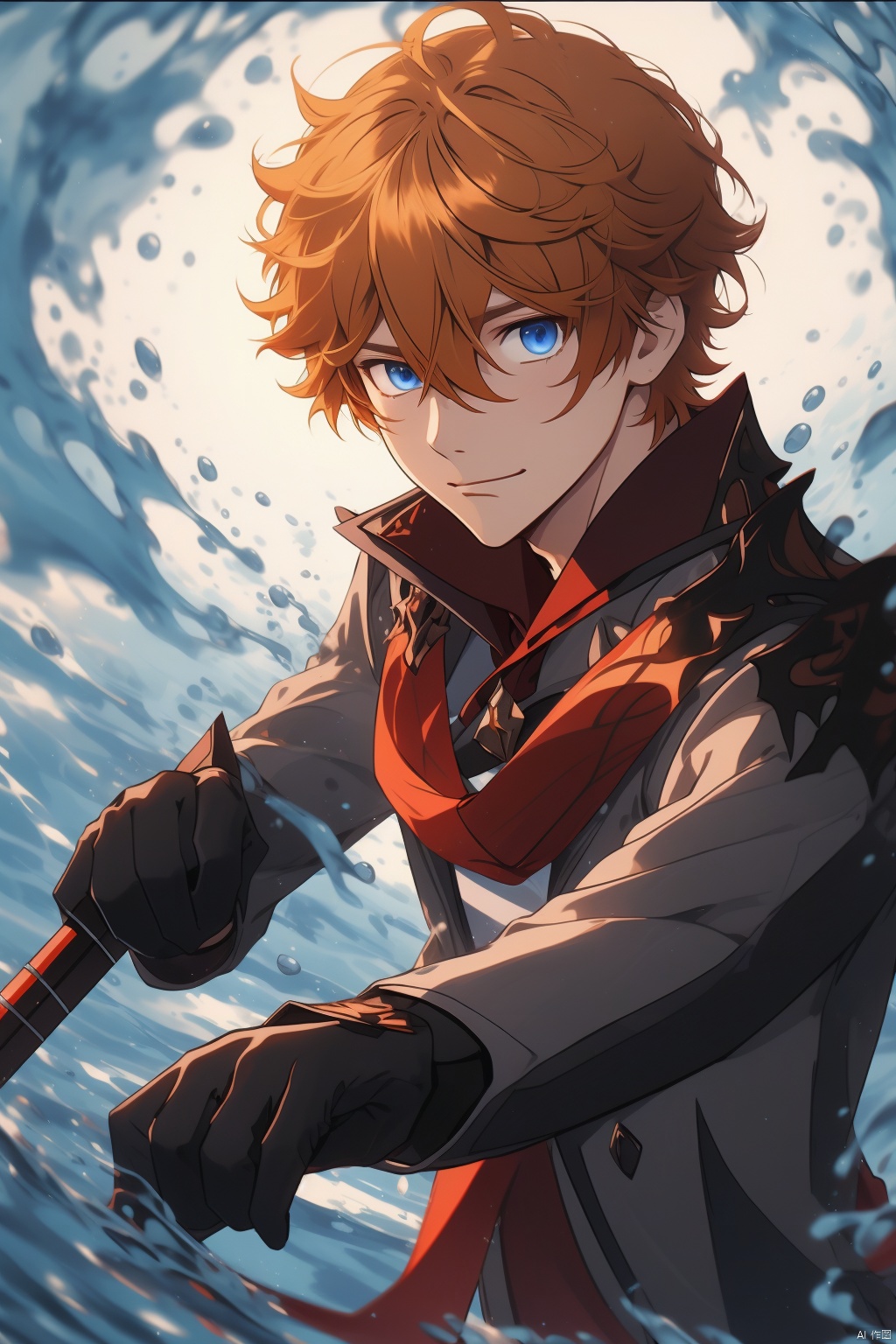 tartaglia, 1boy, tartaglia \(genshin impact\), male focus, gloves, blue eyes, solo, water, hair between eyes, black gloves, orange hair, bangs, red scarf, jacket, closed mouth, scarf, looking at viewer, upper body, mask, weapon, holding, short hair, holding weapon, grey jacket, jewelry