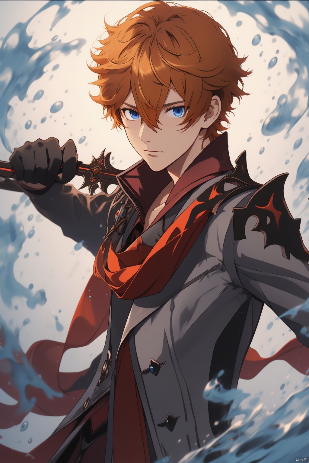 tartaglia, 1boy, tartaglia \(genshin impact\), male focus, gloves, blue eyes, solo, water, hair between eyes, black gloves, orange hair, bangs, red scarf, jacket, closed mouth, scarf, looking at viewer, upper body, mask, weapon, holding, short hair, holding weapon, grey jacket, jewelry