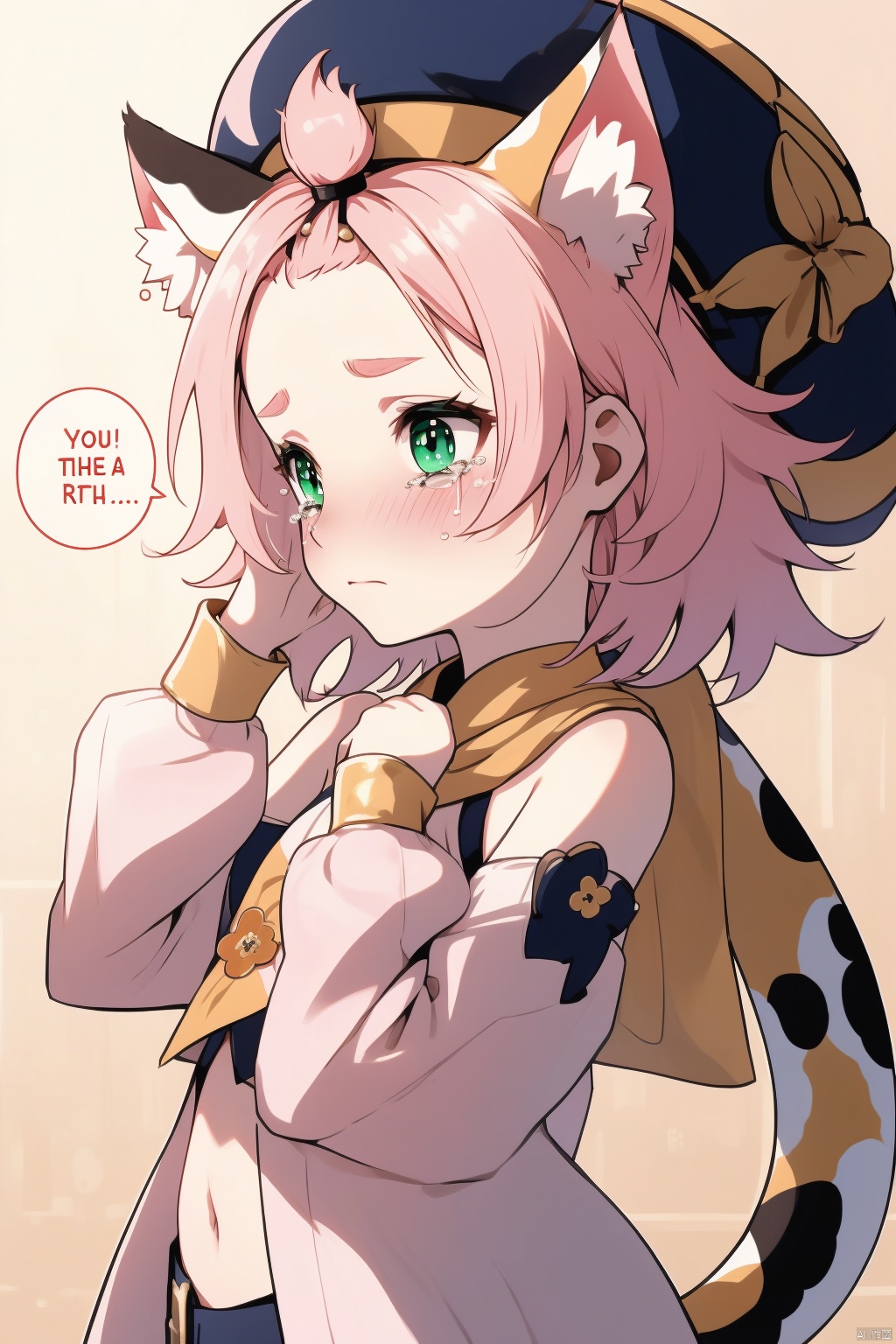 diona, 1girl, diona \(genshin impact\), animal ears, pink hair, animal ear fluff, solo, cat ears, cat tail, hat, cat girl, tail, blush, navel, bangs pinned back, tears, thick eyebrows, short hair, crying, detached sleeves, green eyes, bridal gauntlets, crying with eyes open, english text, looking away, puffy sleeves