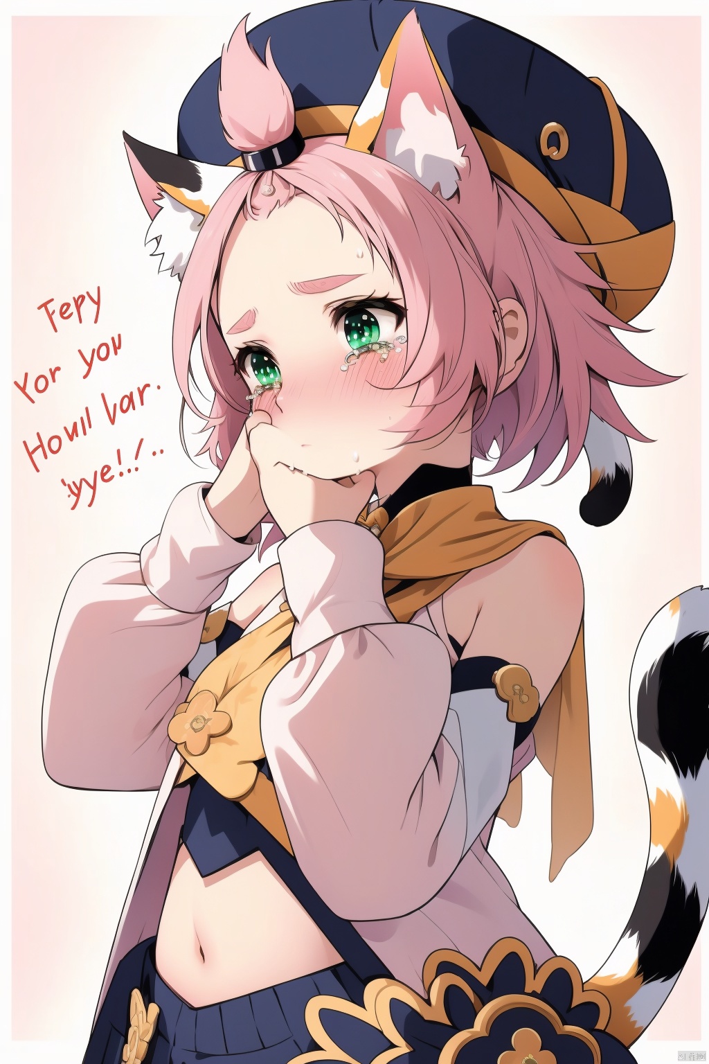 diona, 1girl, diona \(genshin impact\), animal ears, pink hair, animal ear fluff, solo, cat ears, cat tail, hat, cat girl, tail, blush, navel, bangs pinned back, tears, thick eyebrows, short hair, crying, detached sleeves, green eyes, bridal gauntlets, crying with eyes open, english text, looking away, puffy sleeves