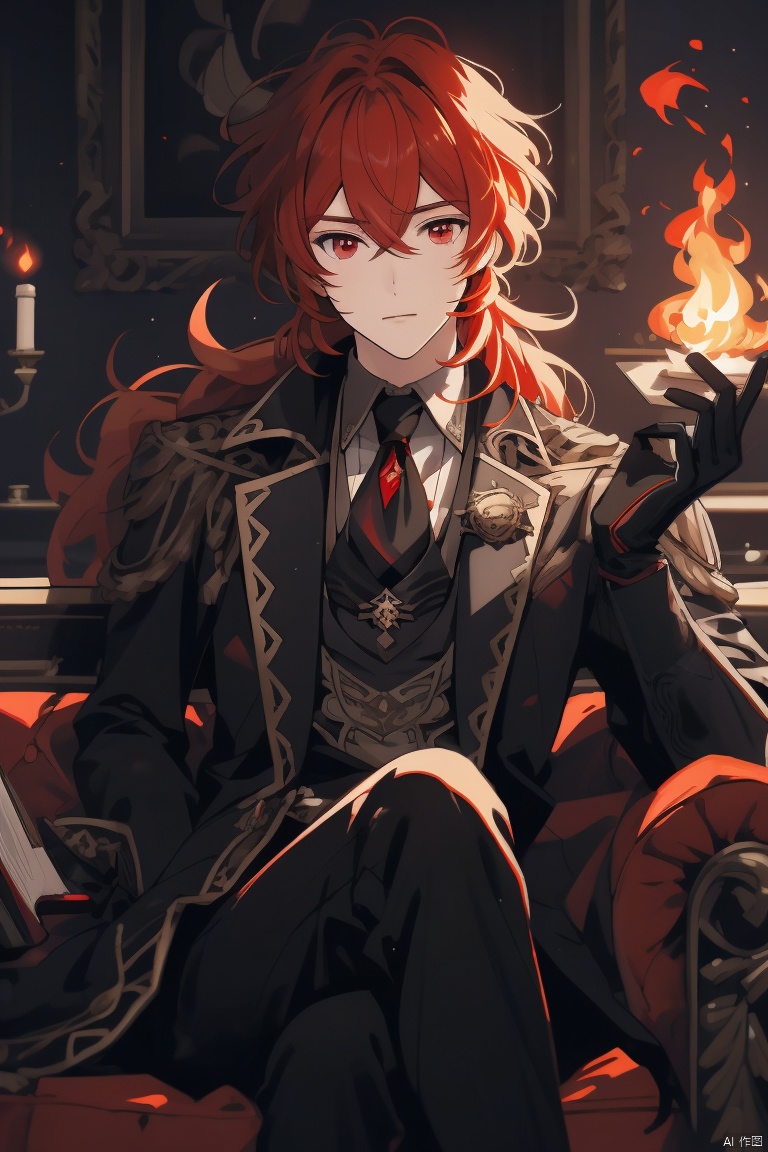  diluc ,masterpiece,best quality,solo, long hair, looking at viewer, bangs, shirt, red eyes, gloves, long sleeves, 1boy, holding, hair between eyes, sitting, closed mouth, jacket, male focus, red hair, black gloves, pants, book, fire, couch, diluc \(genshin impact\)