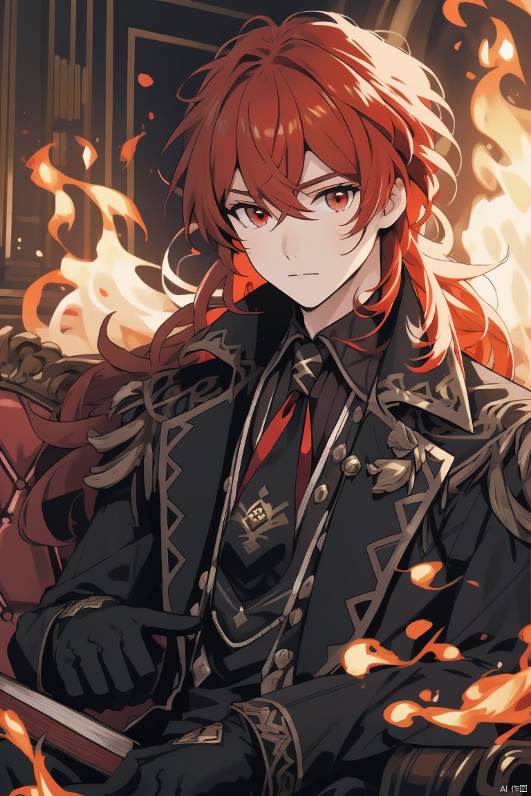  diluc ,masterpiece,best quality,solo, long hair, looking at viewer, bangs, shirt, red eyes, gloves, long sleeves, 1boy, holding, hair between eyes, sitting, closed mouth, jacket, male focus, red hair, black gloves, pants, book, fire, couch, diluc \(genshin impact\)