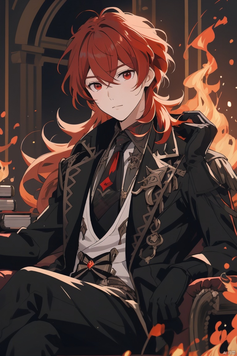  diluc ,masterpiece,best quality,solo, long hair, looking at viewer, bangs, shirt, red eyes, gloves, long sleeves, 1boy, holding, hair between eyes, sitting, closed mouth, jacket, male focus, red hair, black gloves, pants, book, fire, couch, diluc \(genshin impact\)