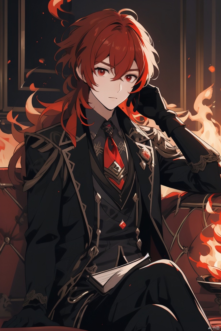  diluc ,masterpiece,best quality,solo, long hair, looking at viewer, bangs, shirt, red eyes, gloves, long sleeves, 1boy, holding, hair between eyes, sitting, closed mouth, jacket, male focus, red hair, black gloves, pants, book, fire, couch, diluc \(genshin impact\)