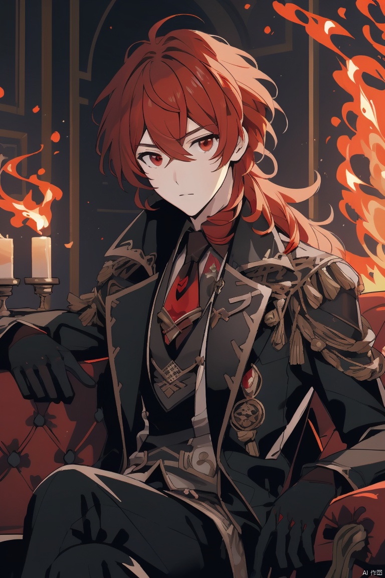  diluc ,masterpiece,best quality,solo, long hair, looking at viewer, bangs, shirt, red eyes, gloves, long sleeves, 1boy, holding, hair between eyes, sitting, closed mouth, jacket, male focus, red hair, black gloves, pants, book, fire, couch, diluc \(genshin impact\)