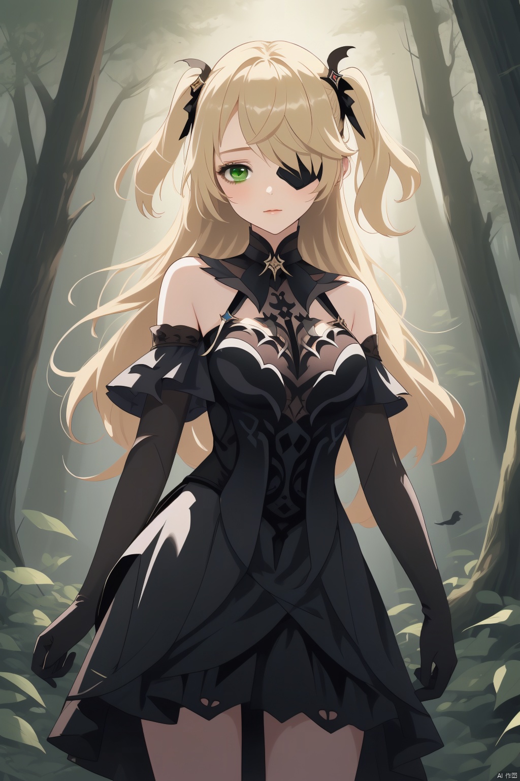 fischl, 1girl, fischl \(genshin impact\), bird, blonde hair, eyepatch, green eyes, long hair, gloves, tree, closed mouth, two side up, detached sleeves, breasts, bangs, dress, nature, crow, forest, solo, hair over one eye, night, looking at viewer, black gloves, bare shoulders
