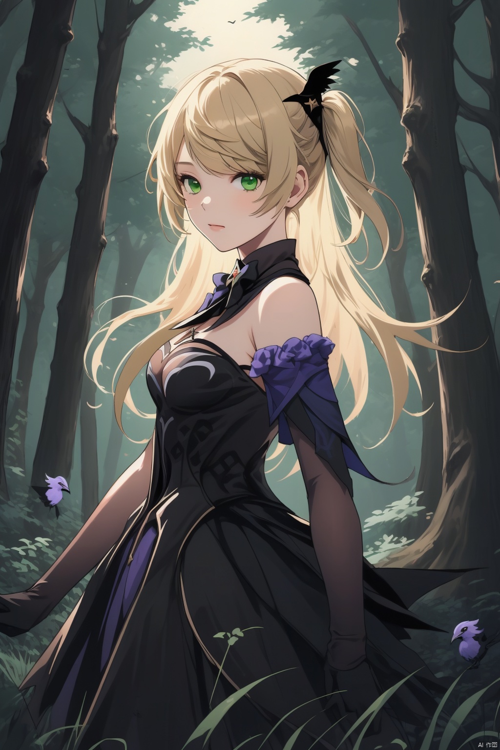 fischl, 1girl, fischl \(genshin impact\), bird, blonde hair, eyepatch, green eyes, long hair, gloves, tree, closed mouth, two side up, detached sleeves, breasts, bangs, dress, nature, crow, forest, solo, hair over one eye, night, looking at viewer, black gloves, bare shoulders