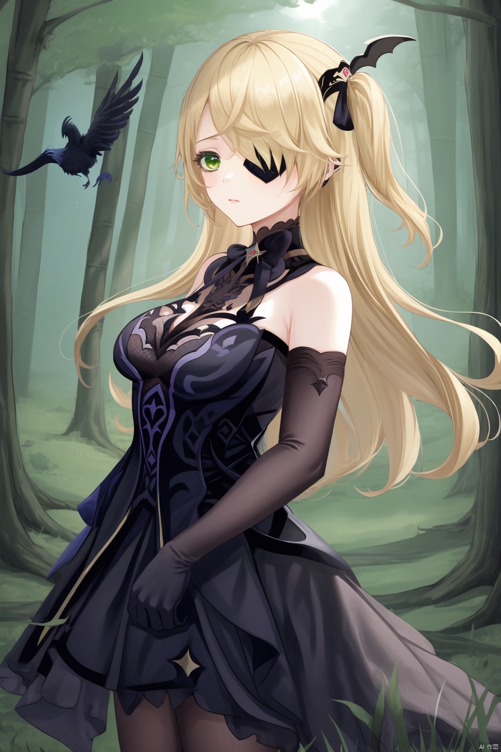 fischl, 1girl, fischl \(genshin impact\), bird, blonde hair, eyepatch, green eyes, long hair, gloves, tree, closed mouth, two side up, detached sleeves, breasts, bangs, dress, nature, crow, forest, solo, hair over one eye, night, looking at viewer, black gloves, bare shoulders
