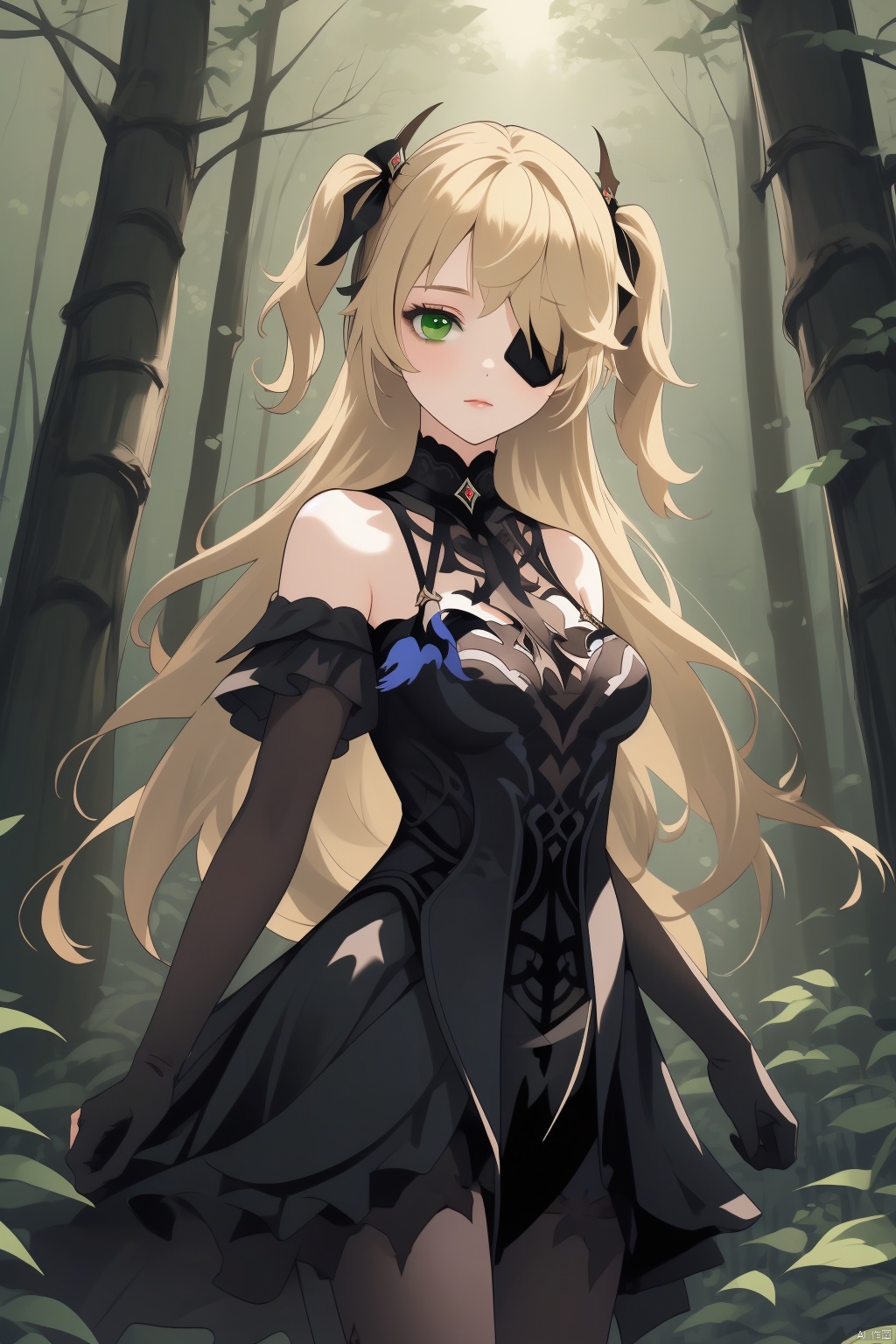 fischl, 1girl, fischl \(genshin impact\), bird, blonde hair, eyepatch, green eyes, long hair, gloves, tree, closed mouth, two side up, detached sleeves, breasts, bangs, dress, nature, crow, forest, solo, hair over one eye, night, looking at viewer, black gloves, bare shoulders
