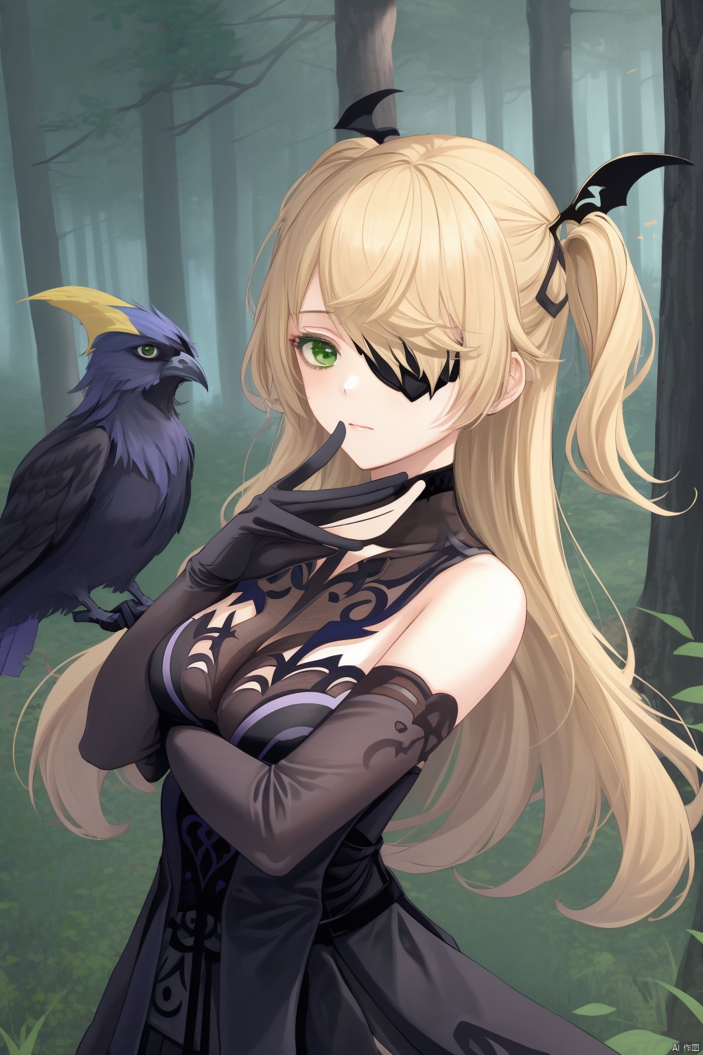 fischl, 1girl, fischl \(genshin impact\), bird, blonde hair, eyepatch, green eyes, long hair, gloves, tree, closed mouth, two side up, detached sleeves, breasts, bangs, dress, nature, crow, forest, solo, hair over one eye, night, looking at viewer, black gloves, bare shoulders
