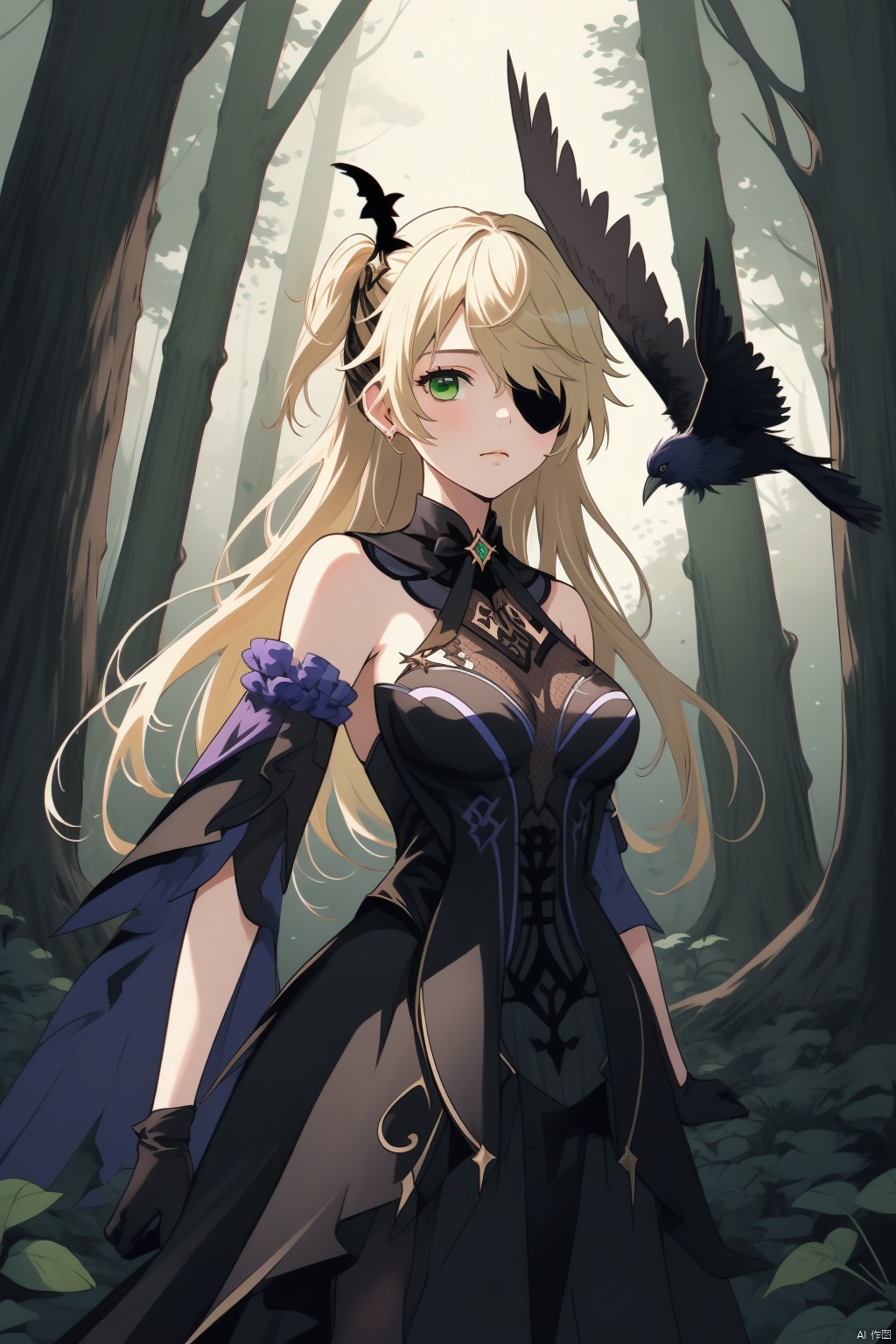 fischl, 1girl, fischl \(genshin impact\), bird, blonde hair, eyepatch, green eyes, long hair, gloves, tree, closed mouth, two side up, detached sleeves, breasts, bangs, dress, nature, crow, forest, solo, hair over one eye, night, looking at viewer, black gloves, bare shoulders