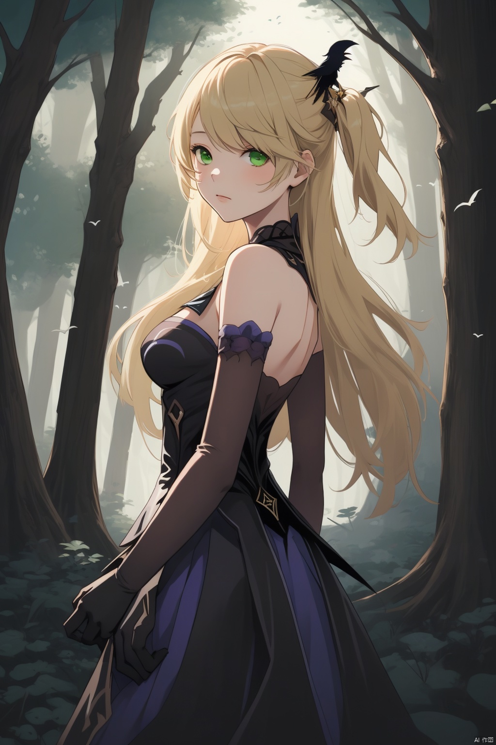 fischl, 1girl, fischl \(genshin impact\), bird, blonde hair, eyepatch, green eyes, long hair, gloves, tree, closed mouth, two side up, detached sleeves, breasts, bangs, dress, nature, crow, forest, solo, hair over one eye, night, looking at viewer, black gloves, bare shoulders