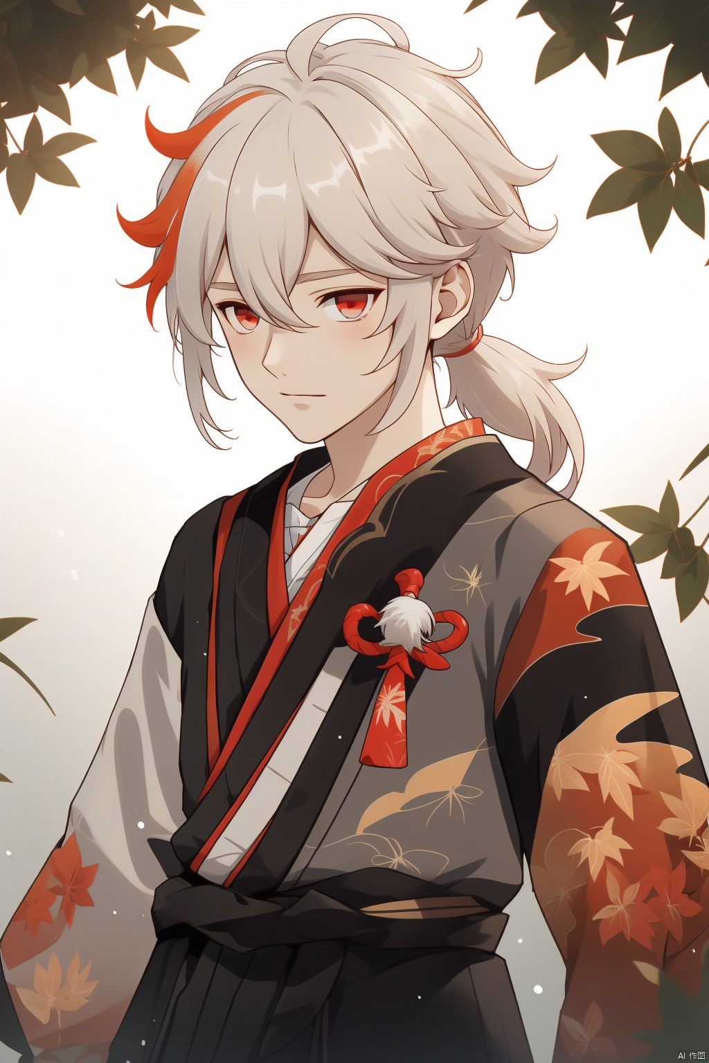 kaedehara kazuha, 1boy, male focus, solo, red eyes, white hair, multicolored hair, japanese clothes, streaked hair, red hair, leaf, ponytail, bangs, bandaged hand, bandages, hair between eyes, leaf print, closed mouth