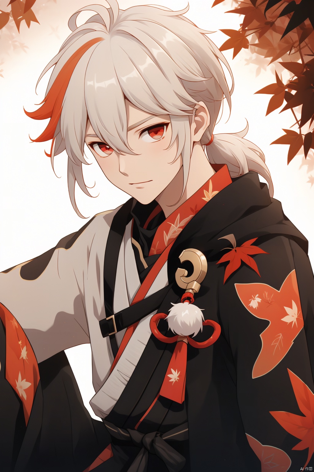 kaedehara kazuha, 1boy, male focus, solo, red eyes, white hair, multicolored hair, japanese clothes, streaked hair, red hair, leaf, ponytail, bangs, bandaged hand, bandages, hair between eyes, leaf print, closed mouth