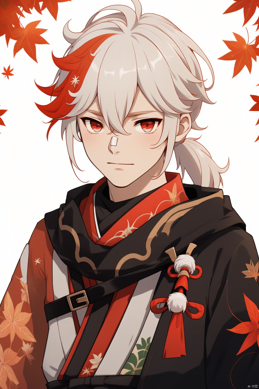kaedehara kazuha, 1boy, male focus, solo, red eyes, white hair, multicolored hair, japanese clothes, streaked hair, red hair, leaf, ponytail, bangs, bandaged hand, bandages, hair between eyes, leaf print, closed mouth