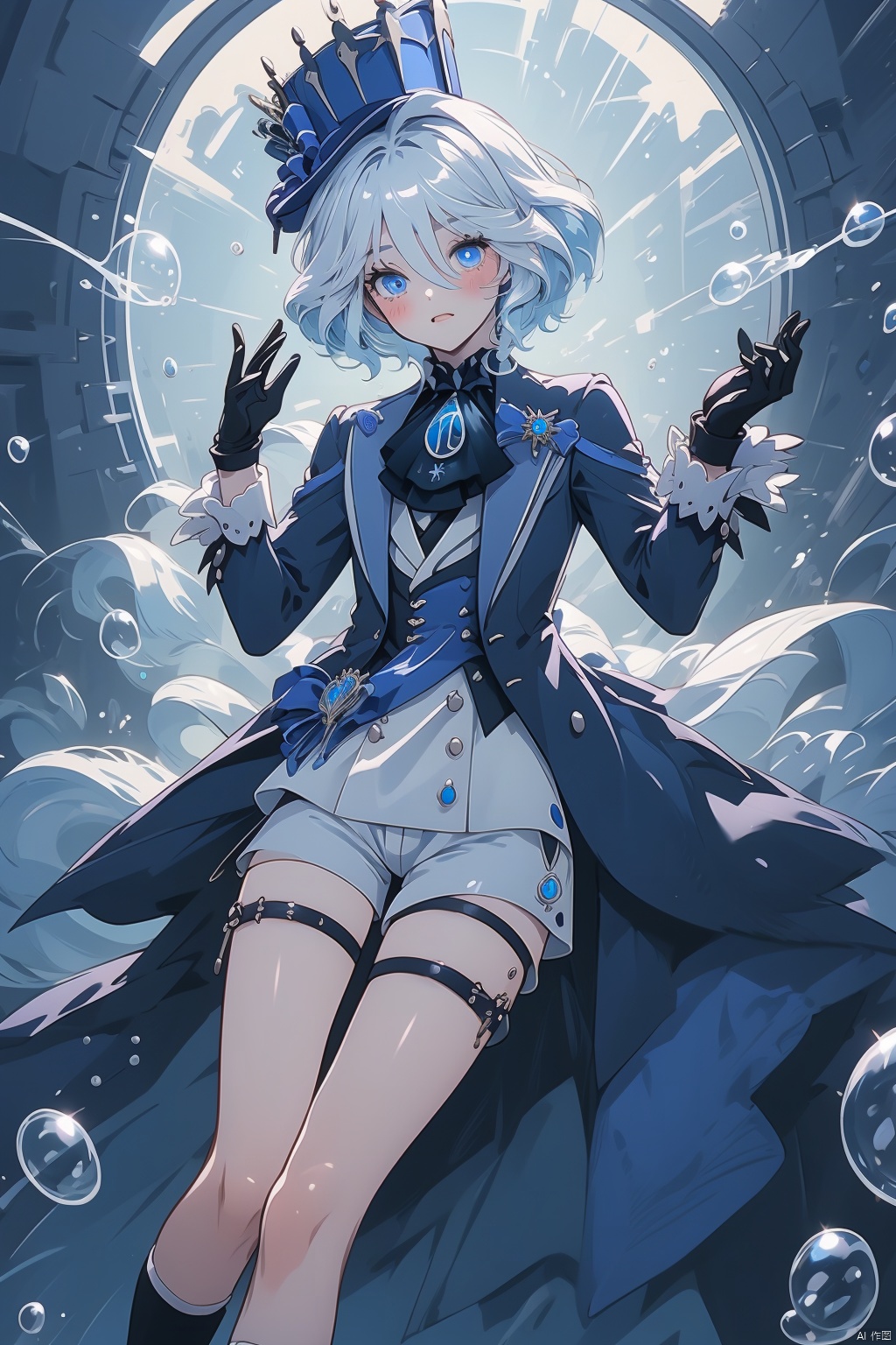  furina, gloves, solo, blue eyes, shorts, shirt, long sleeves, looking at viewer, blue hair, jacket, ascot, hands up, bow, black gloves, hat, white shirt, white gloves, bubble, brooch, bangs, hair between eyes, gears, jewelry, thigh strap, pocket watch, lapels, hat bow, watch, blue bow, androgynous, black jacket, socks, 1boy, gem, frills, male focus, shoes, white socks, black footwear, long hair, key, white shorts, blush, glint, air bubble, white ascot, eyelashes, headwear removed, medium hair, hair intakes, blue ascot, bowtie, open jacket, vision \(genshin impact\), blue gemstone, buttons, light blue hair, chain