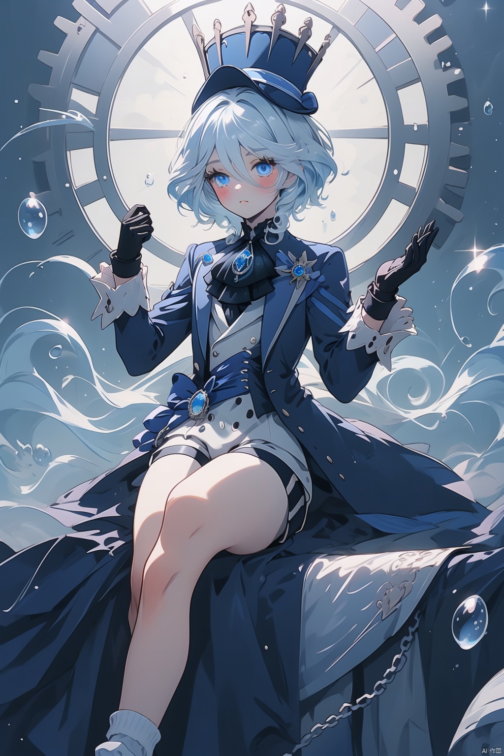  furina, gloves, solo, blue eyes, shorts, shirt, long sleeves, looking at viewer, blue hair, jacket, ascot, hands up, bow, black gloves, hat, white shirt, white gloves, bubble, brooch, bangs, hair between eyes, gears, jewelry, thigh strap, pocket watch, lapels, hat bow, watch, blue bow, androgynous, black jacket, socks, 1boy, gem, frills, male focus, shoes, white socks, black footwear, long hair, key, white shorts, blush, glint, air bubble, white ascot, eyelashes, headwear removed, medium hair, hair intakes, blue ascot, bowtie, open jacket, vision \(genshin impact\), blue gemstone, buttons, light blue hair, chain
