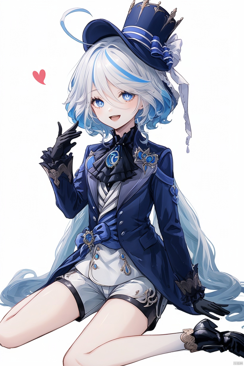 furina, 1girl, solo, gloves, single glove, white background, shorts, blue eyes, smile, long hair, hat, simple background, blue headwear, looking at viewer, sitting, open mouth, multicolored hair, ahoge, white shorts, black gloves, shirt, frilled sleeves, streaked hair, blue hair, long sleeves, hair between eyes, :d, ascot, jacket, top hat, brooch, very long hair, frills, white hair, hand up, bow, bangs, wariza, white shirt, short shorts