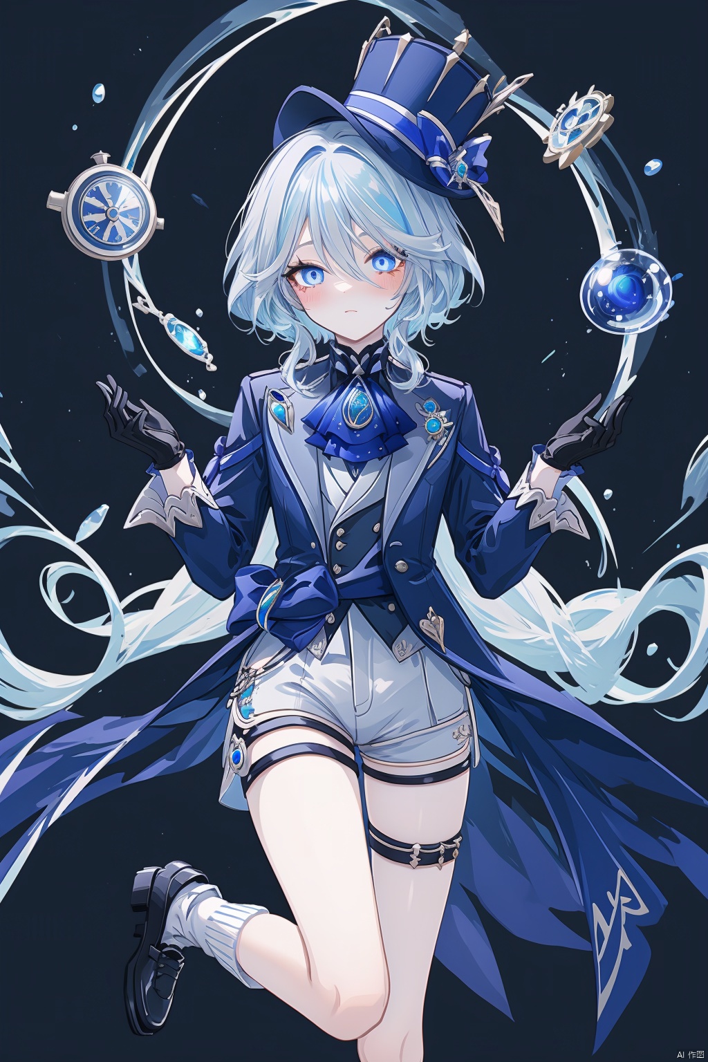  furina, gloves, solo, blue eyes, shorts, shirt, long sleeves, looking at viewer, blue hair, jacket, ascot, hands up, bow, black gloves, hat, white shirt, white gloves, bubble, brooch, bangs, hair between eyes, gears, jewelry, thigh strap, pocket watch, lapels, hat bow, watch, blue bow, androgynous, black jacket, socks, 1boy, gem, frills, male focus, shoes, white socks, black footwear, long hair, key, white shorts, blush, glint, air bubble, white ascot, eyelashes, headwear removed, medium hair, hair intakes, blue ascot, bowtie, open jacket, vision \(genshin impact\), blue gemstone, buttons, light blue hair, chain