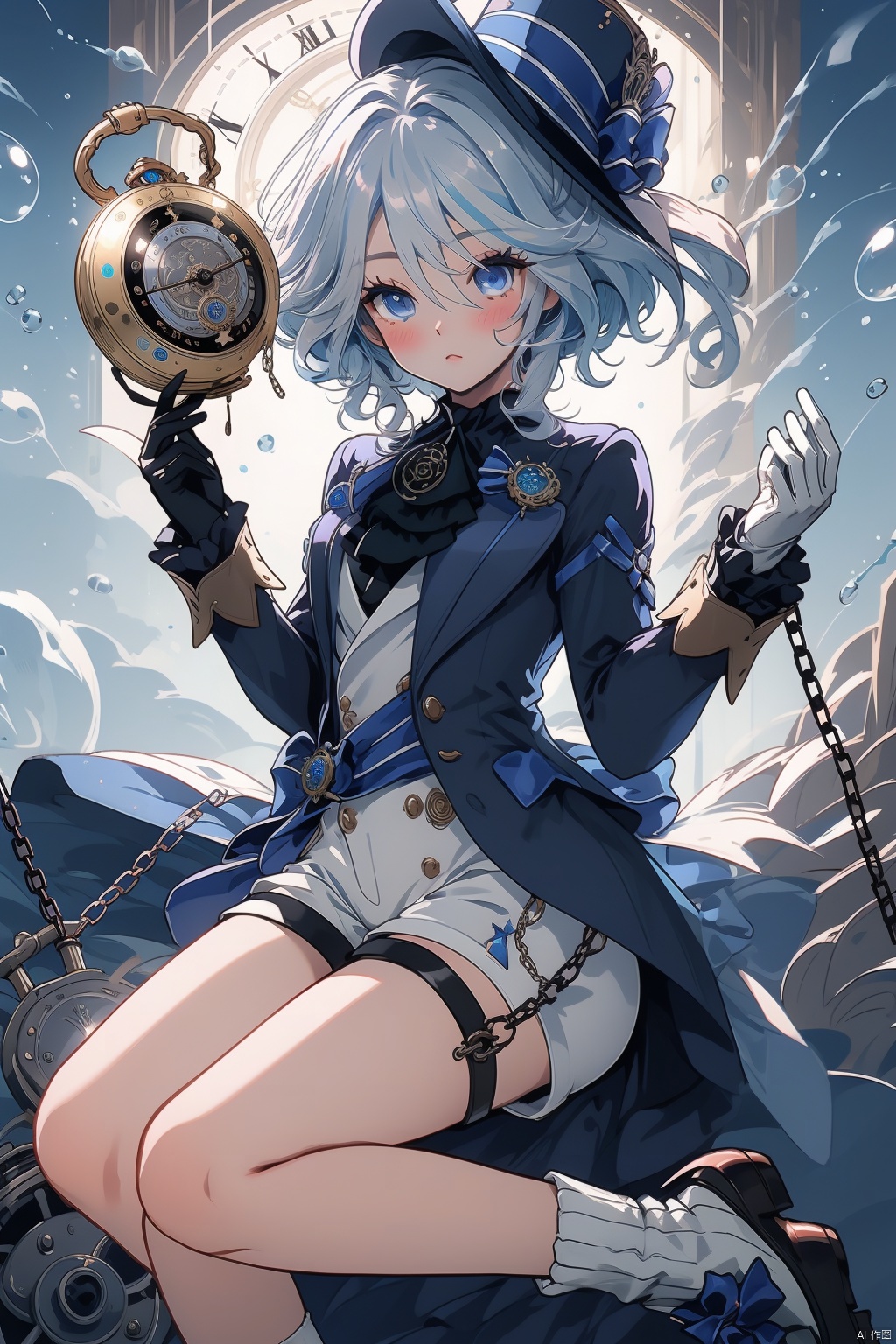 furina, gloves, solo, blue eyes, shorts, shirt, long sleeves, looking at viewer, blue hair, jacket, ascot, hands up, bow, black gloves, hat, white shirt, white gloves, bubble, brooch, bangs, hair between eyes, gears, jewelry, thigh strap, pocket watch, lapels, hat bow, watch, blue bow, androgynous, black jacket, socks, 1boy, gem, frills, male focus, shoes, white socks, black footwear, long hair, key, white shorts, blush, glint, air bubble, white ascot, eyelashes, headwear removed, medium hair, hair intakes, blue ascot, bowtie, open jacket, vision \(genshin impact\), blue gemstone, buttons, light blue hair, chain