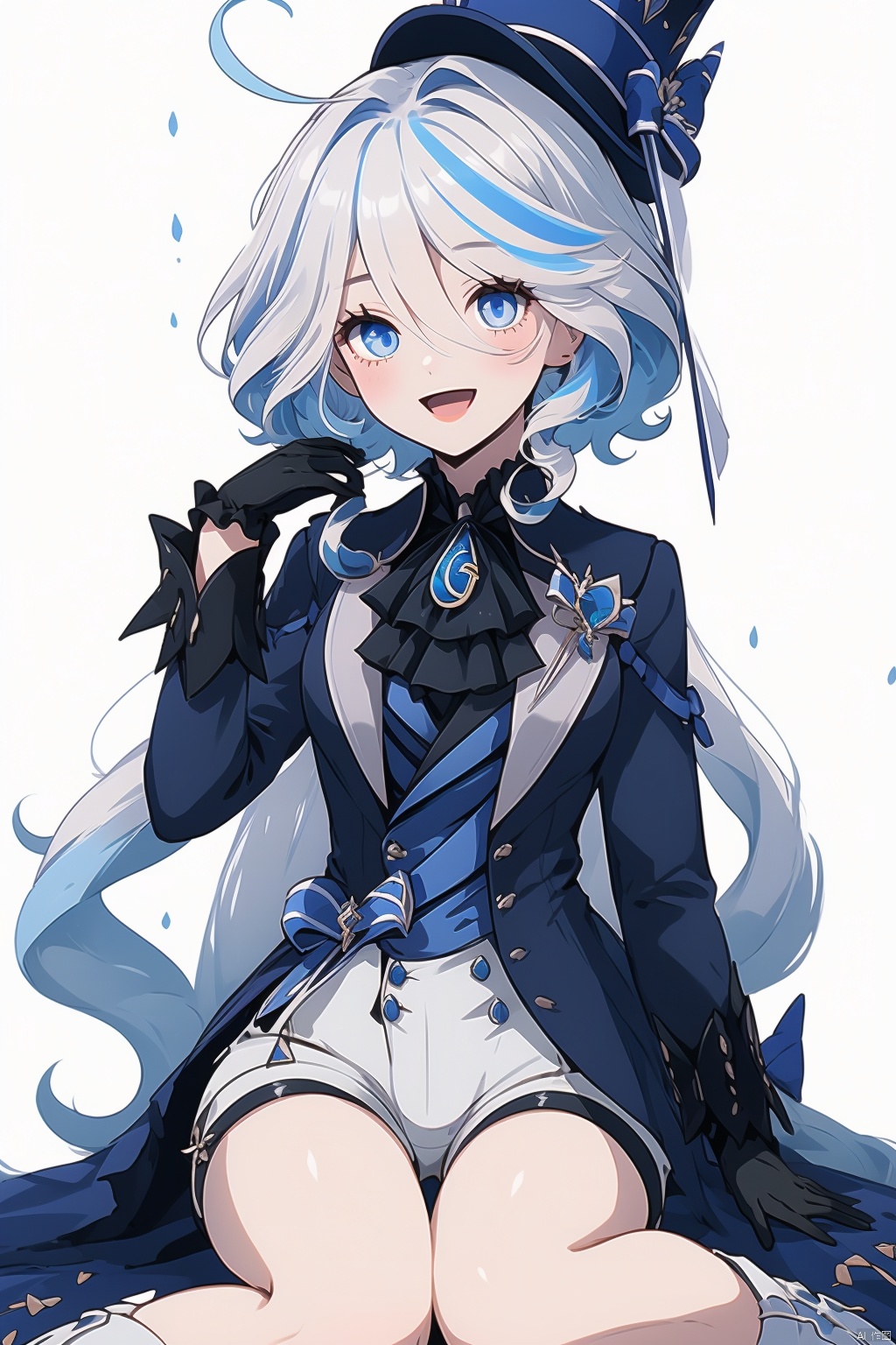furina, 1girl, solo, gloves, single glove, white background, shorts, blue eyes, smile, long hair, hat, simple background, blue headwear, looking at viewer, sitting, open mouth, multicolored hair, ahoge, white shorts, black gloves, shirt, frilled sleeves, streaked hair, blue hair, long sleeves, hair between eyes, :d, ascot, jacket, top hat, brooch, very long hair, frills, white hair, hand up, bow, bangs, wariza, white shirt, short shorts