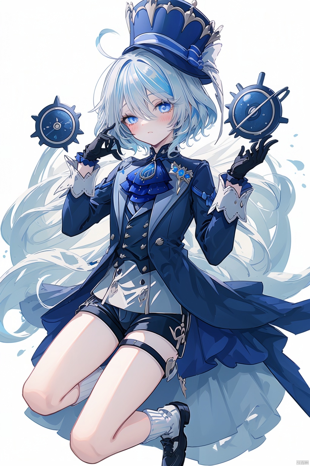  furina, gloves, solo, blue eyes, shorts, shirt, long sleeves, looking at viewer, blue hair, jacket, ascot, hands up, bow, black gloves, hat, white shirt, white gloves, bubble, brooch, bangs, hair between eyes, gears, jewelry, thigh strap, pocket watch, lapels, hat bow, watch, blue bow, androgynous, black jacket, socks, 1boy, gem, frills, male focus, shoes, white socks, black footwear, long hair, key, white shorts, blush, glint, air bubble, white ascot, eyelashes, headwear removed, medium hair, hair intakes, blue ascot, bowtie, open jacket, vision \(genshin impact\), blue gemstone, buttons, light blue hair, chain