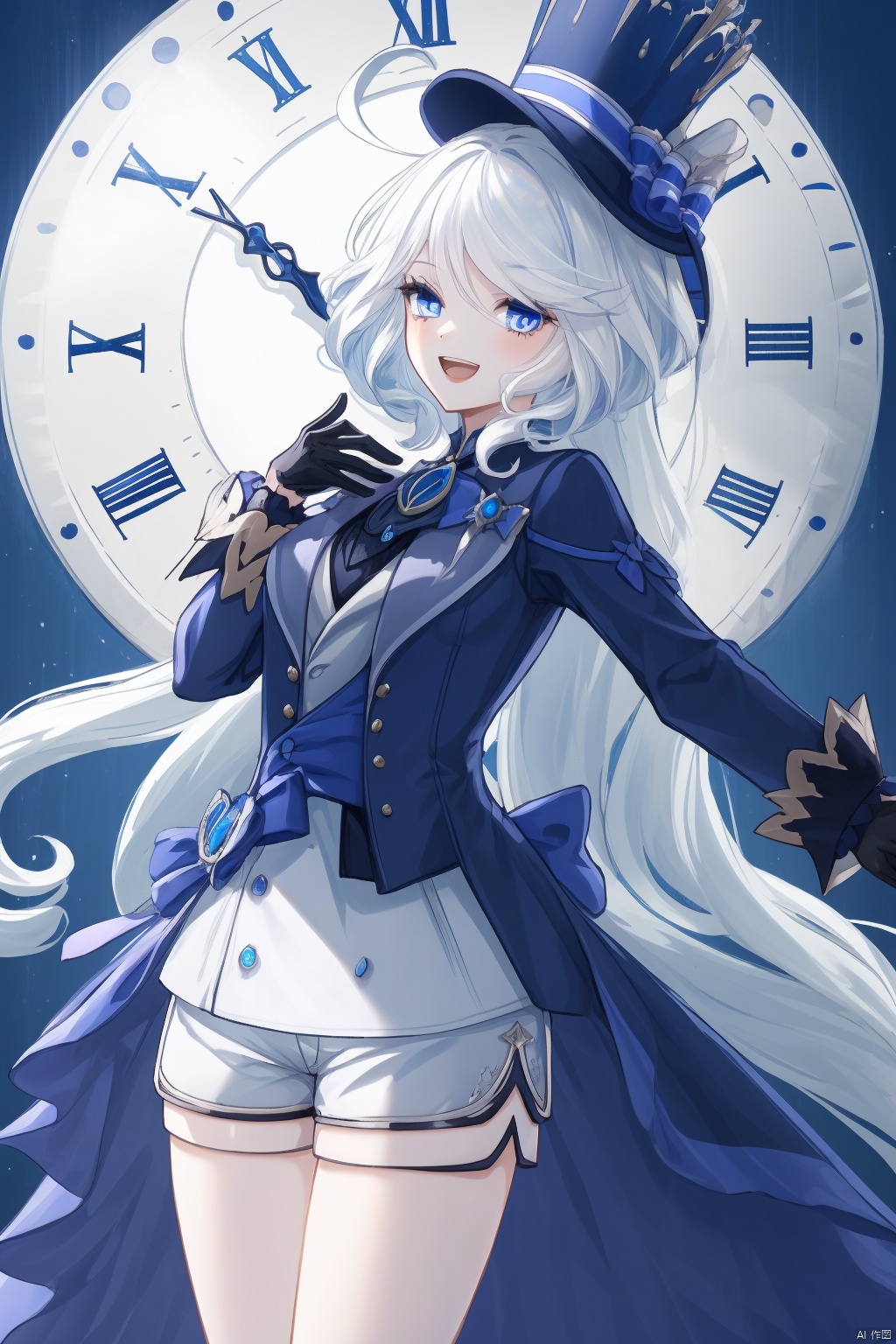  furina, 1girl, gloves, long hair, hat, blue eyes, solo, shorts, white gloves, smile, ahoge, top hat, open mouth, clock, black gloves, blue headwear, long sleeves, white hair, looking at viewer, bow, :d, very long hair, hand on own chest, shirt, bangs, cowboy shot, jacket