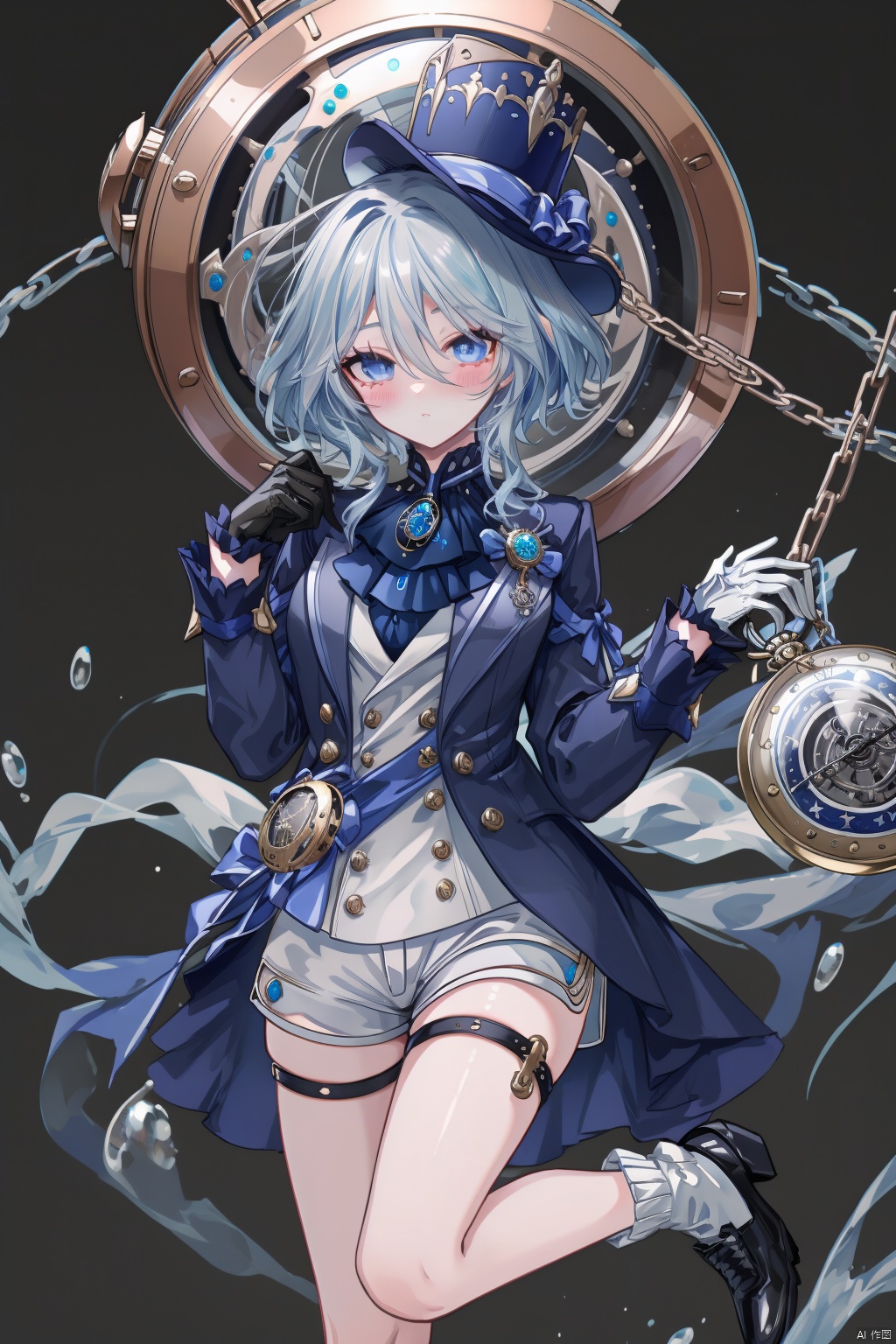 furina, gloves, solo, blue eyes, shorts, shirt, long sleeves, looking at viewer, blue hair, jacket, ascot, hands up, bow, black gloves, hat, white shirt, white gloves, bubble, brooch, bangs, hair between eyes, gears, jewelry, thigh strap, pocket watch, lapels, hat bow, watch, blue bow, androgynous, black jacket, socks, 1boy, gem, frills, male focus, shoes, white socks, black footwear, long hair, key, white shorts, blush, glint, air bubble, white ascot, eyelashes, headwear removed, medium hair, hair intakes, blue ascot, bowtie, open jacket, vision \(genshin impact\), blue gemstone, buttons, light blue hair, chain