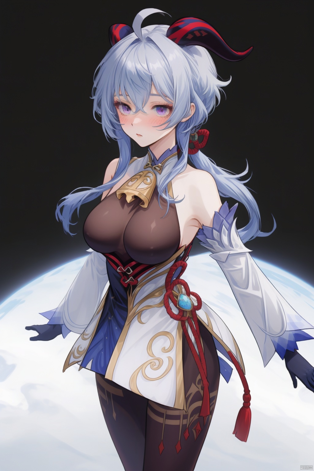 ganyv, 1girl, solo, ganyu \(genshin impact\), breasts, long hair, horns, blue hair, detached sleeves, bell, ahoge, gloves, black gloves, purple eyes, white background, orb, looking at viewer, blush, bangs, bare shoulders, vision \(genshin impact\), simple background, gold trim, neck bell, bodystocking, goat horns, medium breasts, sidelocks, hair between eyes, low ponytail, white sleeves, thighlet, cowboy shot, standing, pantyhose, large breasts, flower knot, chinese knot, cowbell, tassel
