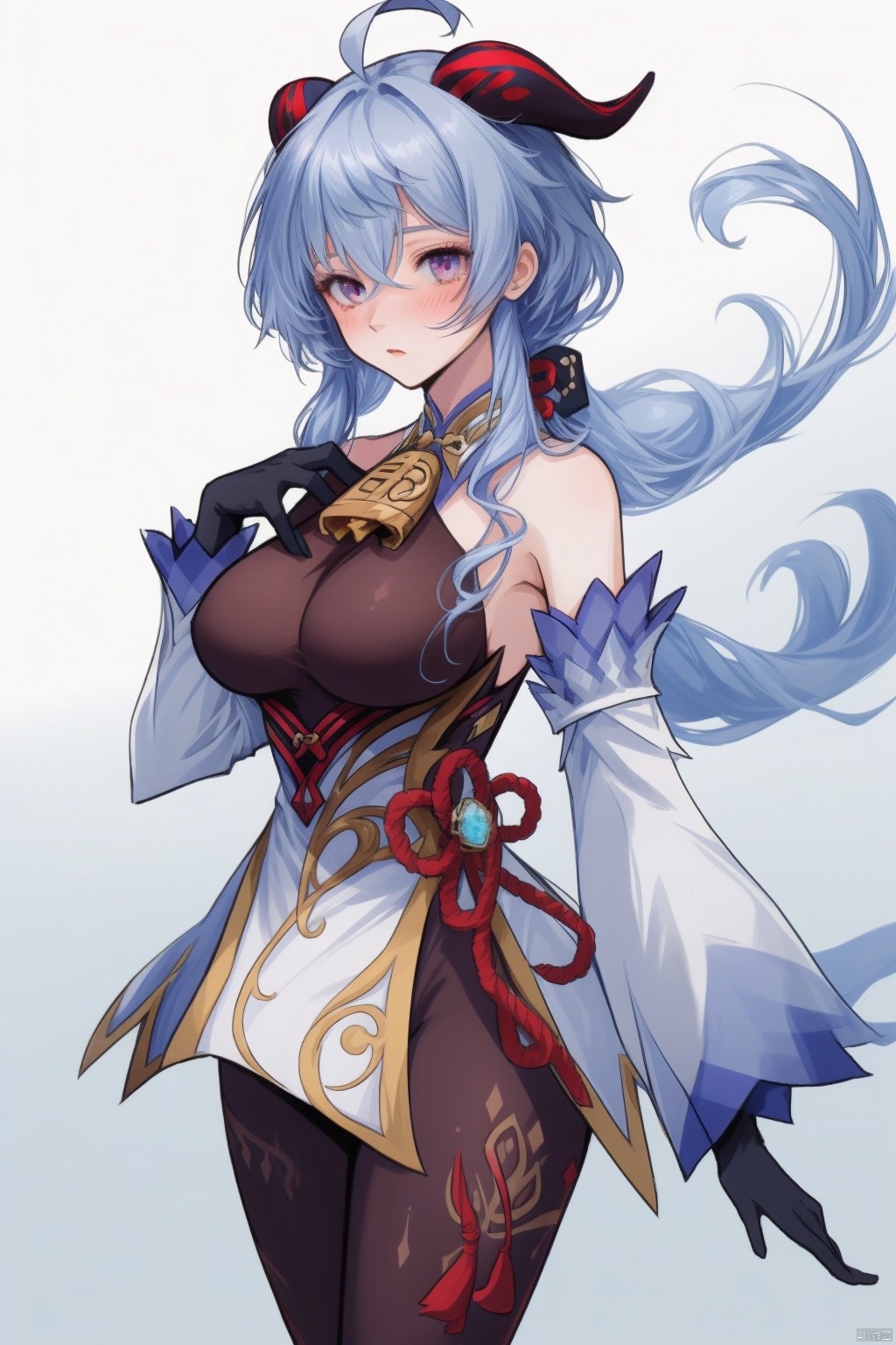 ganyv, 1girl, solo, ganyu \(genshin impact\), breasts, long hair, horns, blue hair, detached sleeves, bell, ahoge, gloves, black gloves, purple eyes, white background, orb, looking at viewer, blush, bangs, bare shoulders, vision \(genshin impact\), simple background, gold trim, neck bell, bodystocking, goat horns, medium breasts, sidelocks, hair between eyes, low ponytail, white sleeves, thighlet, cowboy shot, standing, pantyhose, large breasts, flower knot, chinese knot, cowbell, tassel