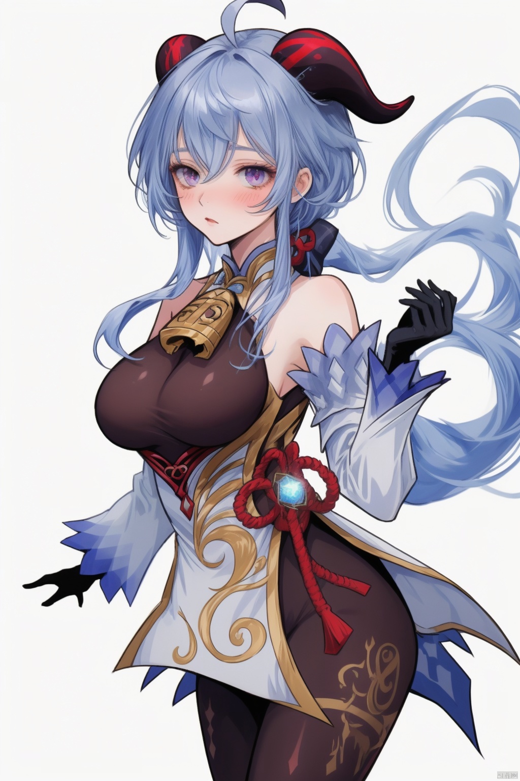 ganyv, 1girl, solo, ganyu \(genshin impact\), breasts, long hair, horns, blue hair, detached sleeves, bell, ahoge, gloves, black gloves, purple eyes, white background, orb, looking at viewer, blush, bangs, bare shoulders, vision \(genshin impact\), simple background, gold trim, neck bell, bodystocking, goat horns, medium breasts, sidelocks, hair between eyes, low ponytail, white sleeves, thighlet, cowboy shot, standing, pantyhose, large breasts, flower knot, chinese knot, cowbell, tassel