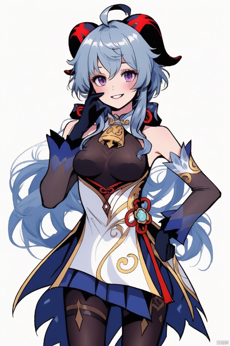 ganyv, 1girl, solo, long hair, ganyu \(genshin impact\), breasts, horns, looking at viewer, blue hair, detached sleeves, gloves, ahoge, purple eyes, smile, bell, white background, bare shoulders, medium breasts, vision \(genshin impact\), black gloves, hand on hip, hand on own face, bangs, simple background, very long hair, gold trim, standing, parted lips, flower knot, blush, cowbell, hand on own cheek